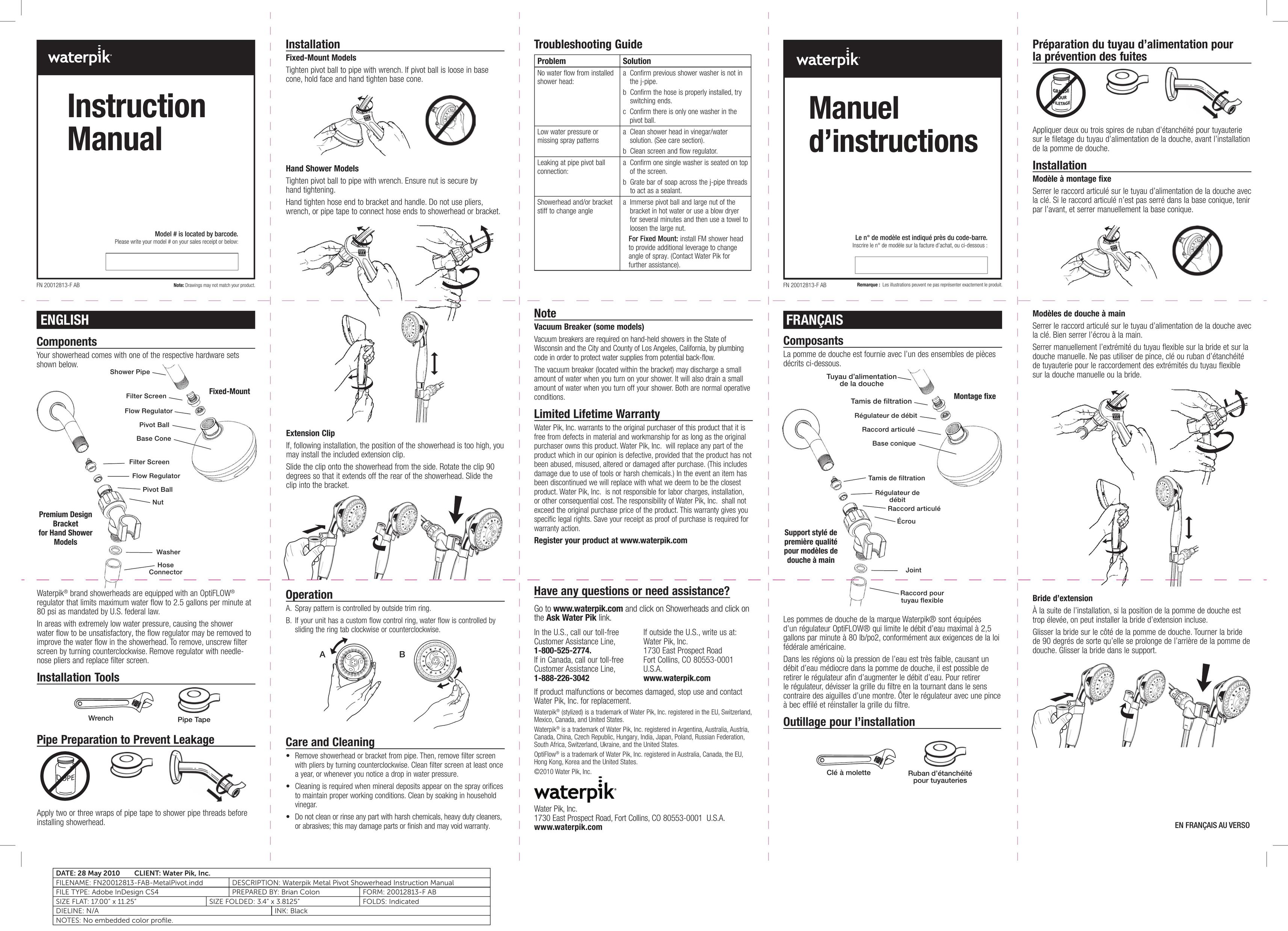 Waterpik Technologies FN 20012813-F AB Plumbing Product User Manual