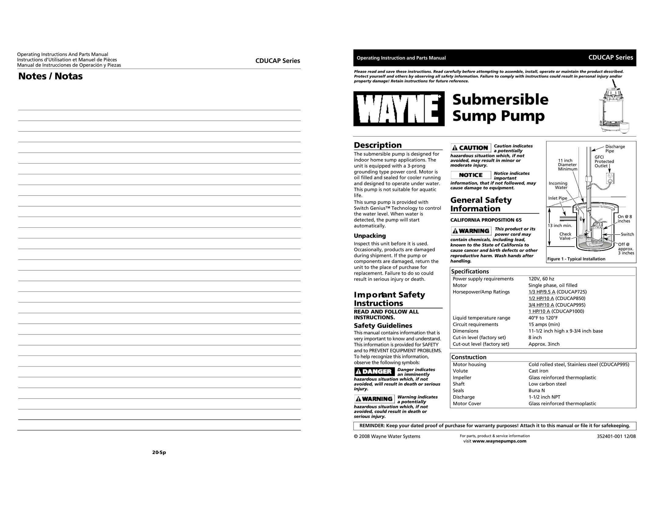 Wayne CDUCAP Series Plumbing Product User Manual