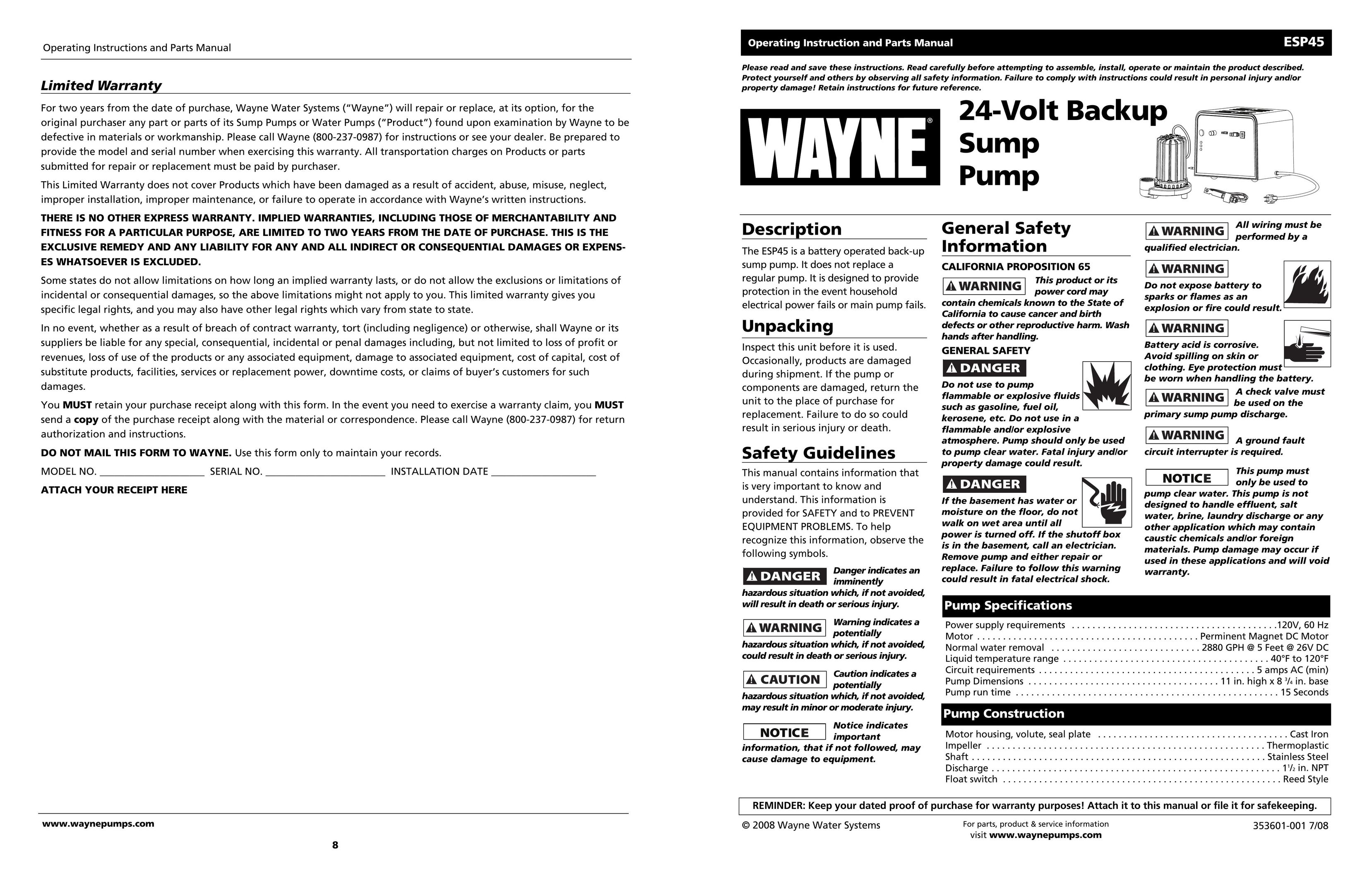 Wayne ESP45 Plumbing Product User Manual