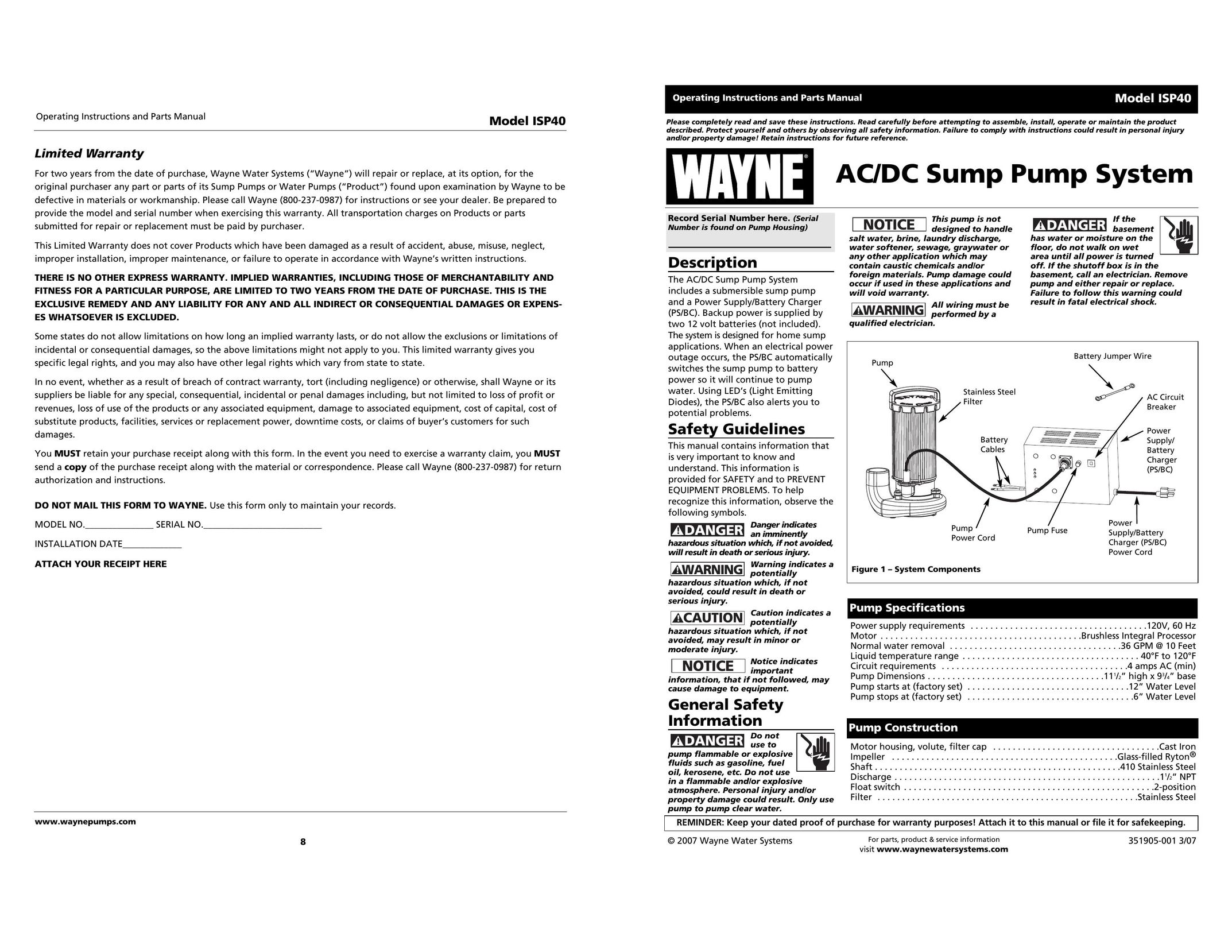 Wayne ISP40 Plumbing Product User Manual
