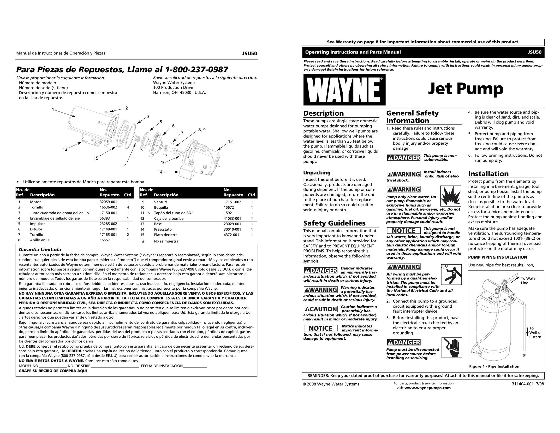 Wayne JSU50 Plumbing Product User Manual
