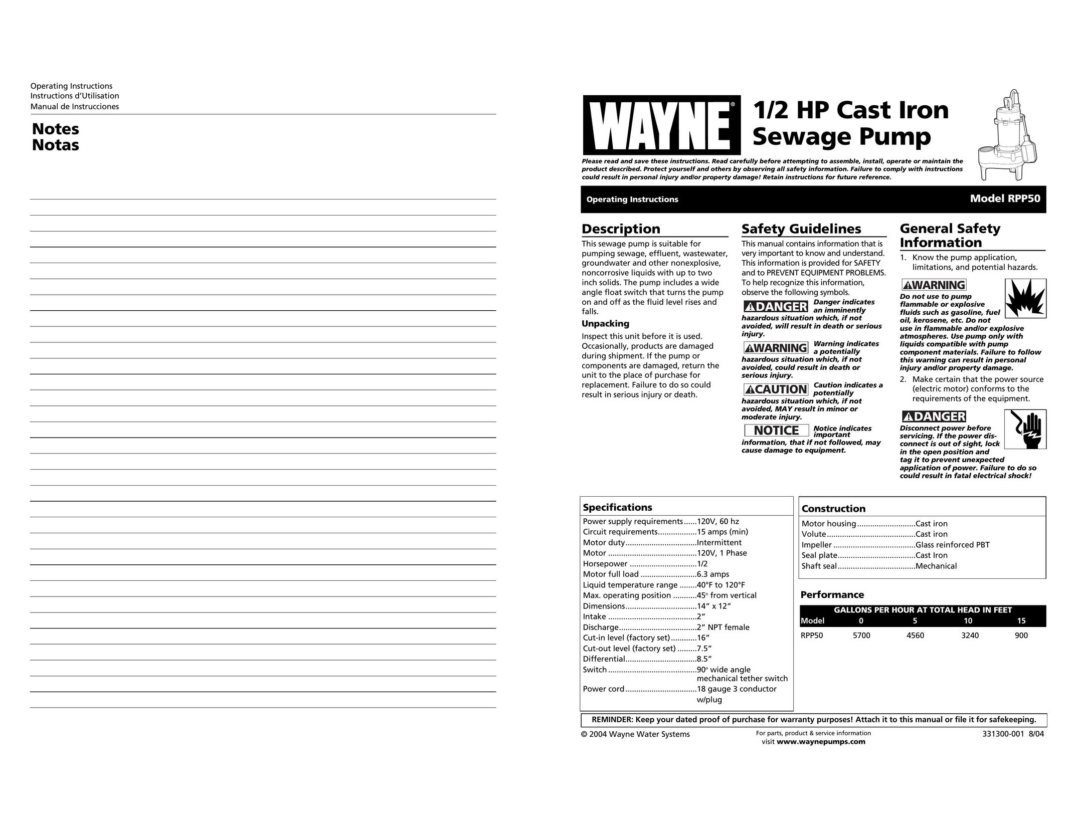 Wayne RPP50 Plumbing Product User Manual