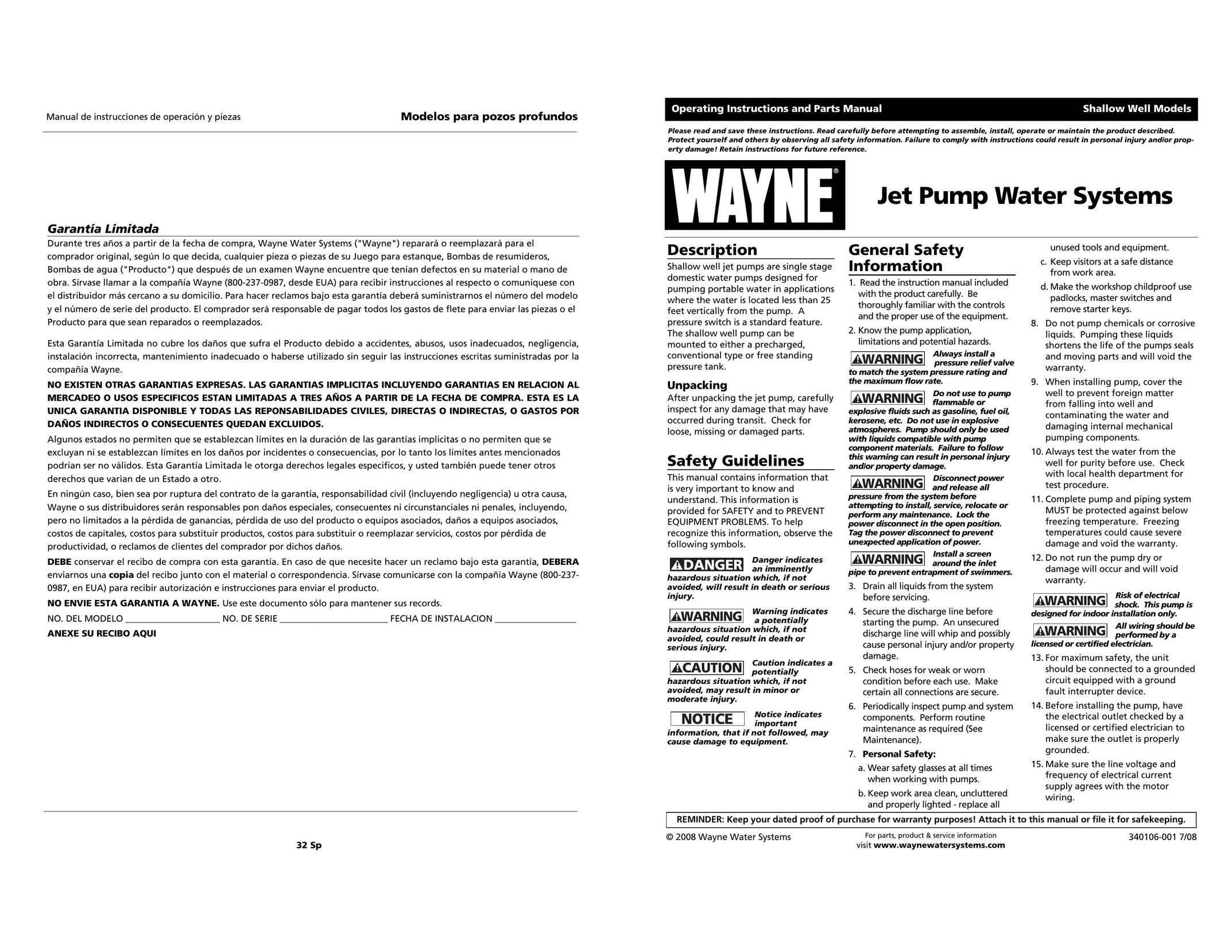 Wayne Shallow Well Plumbing Product User Manual