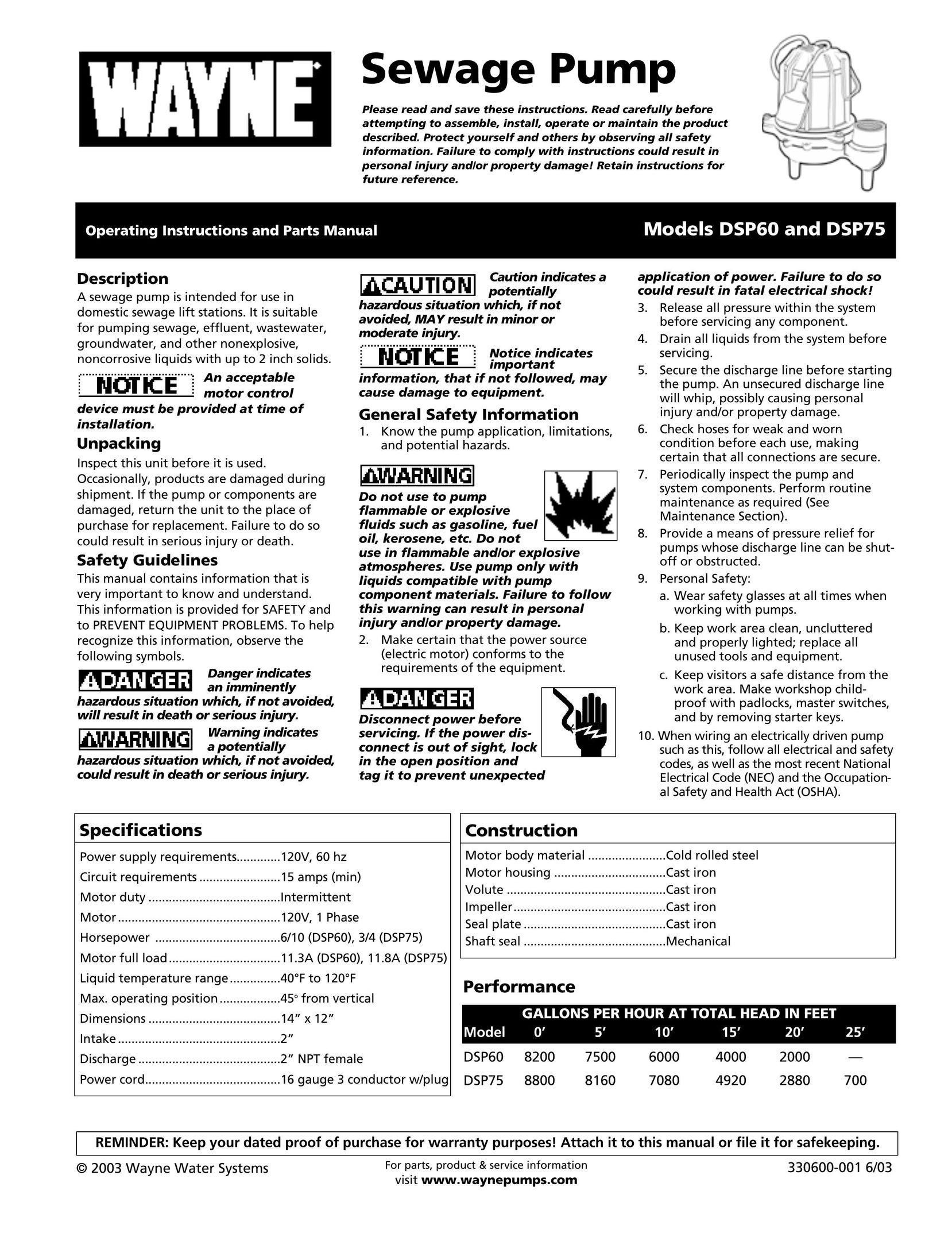 Wayne 330600-001 Septic System User Manual