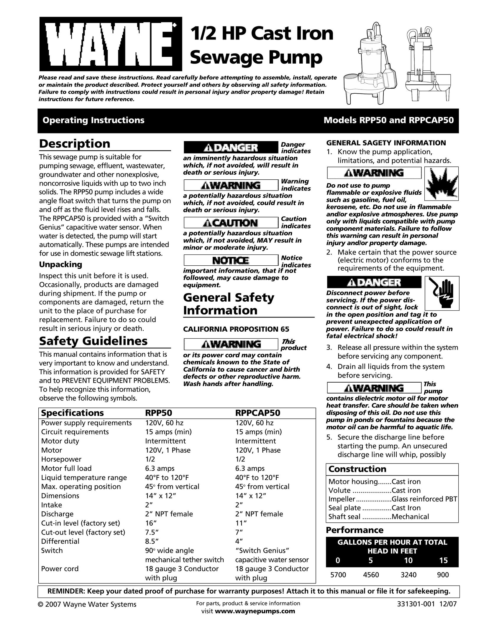 Wayne 331301-001 Septic System User Manual