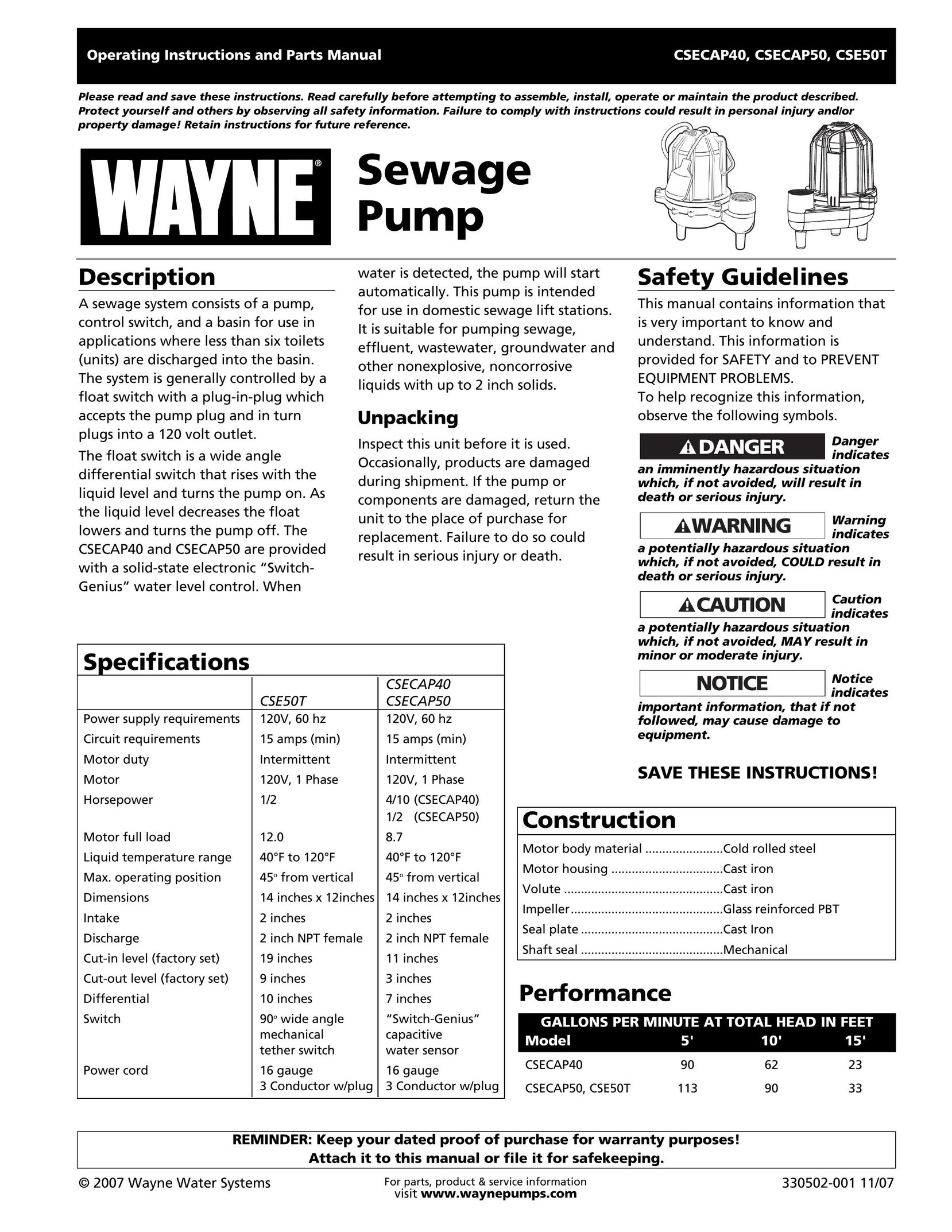 Wayne CSE50T Septic System User Manual