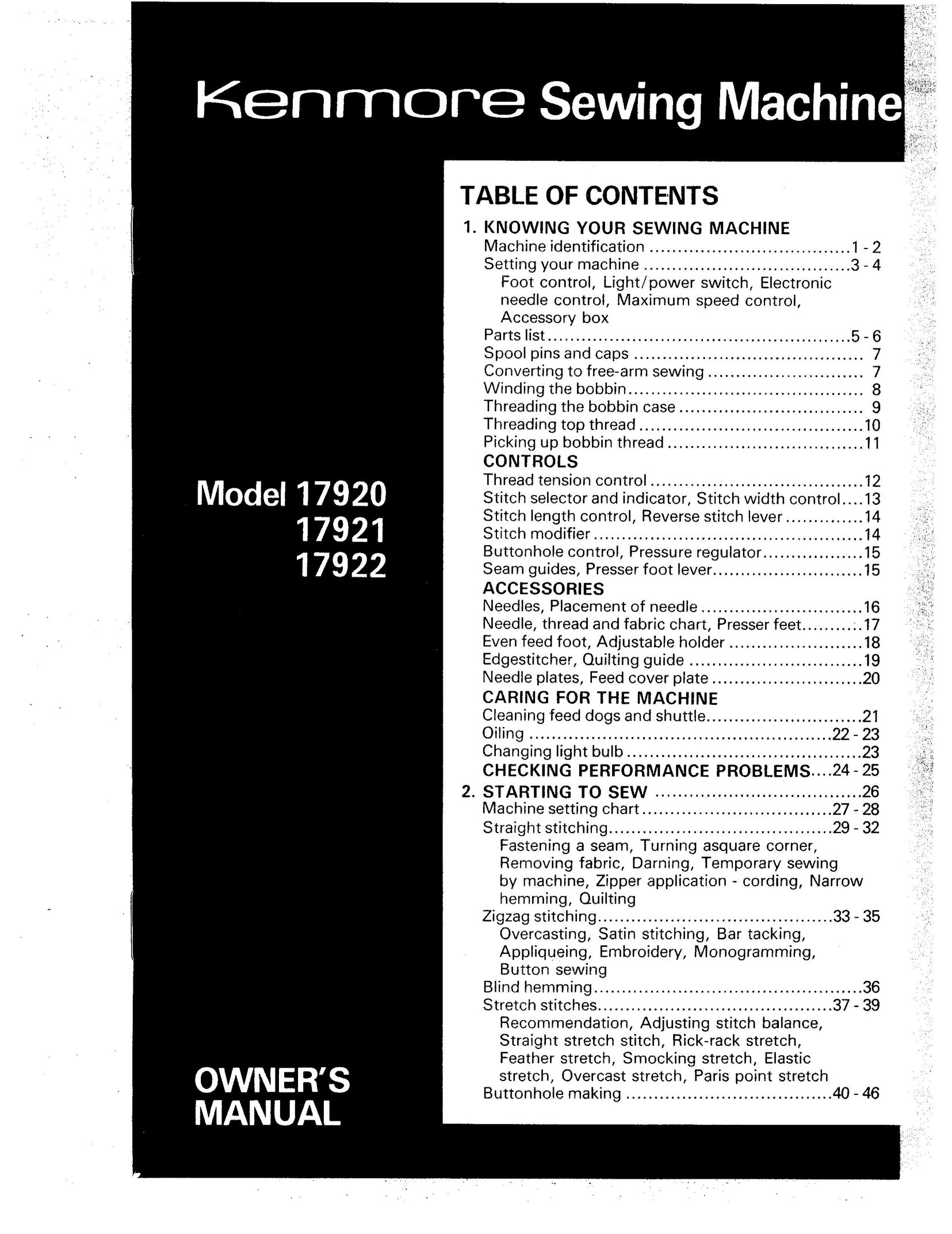 Kenmore 17922 Sewing Machine User Manual