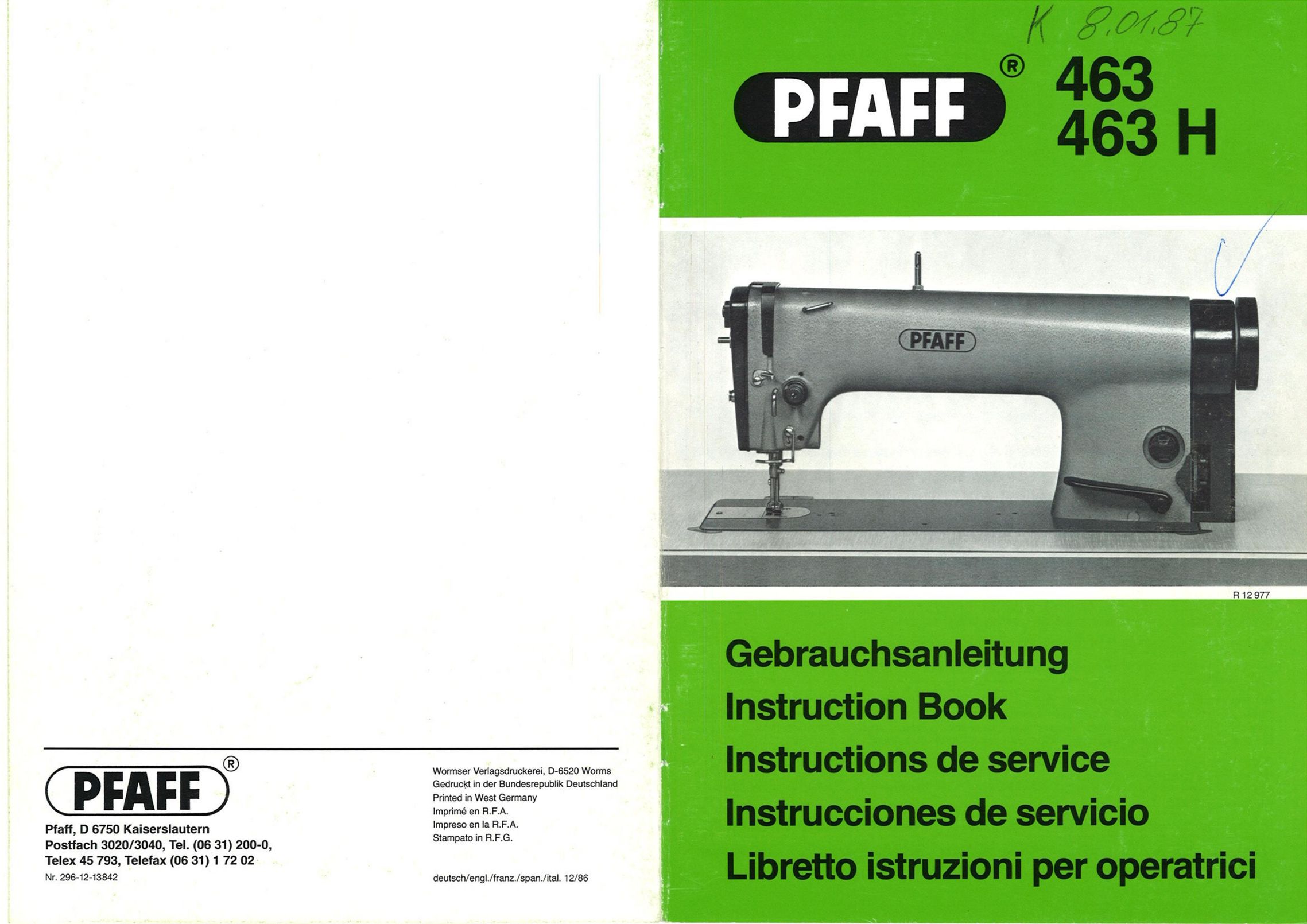 Pfaff 463 AND 463 H Sewing Machine User Manual
