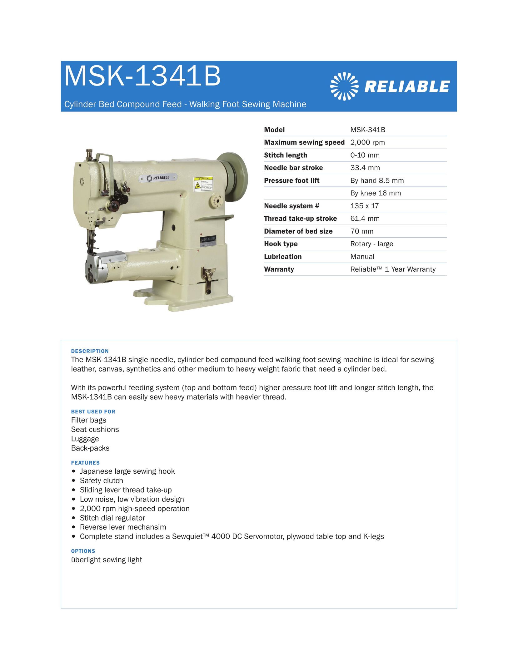 Reliable MSK-1341B Sewing Machine User Manual