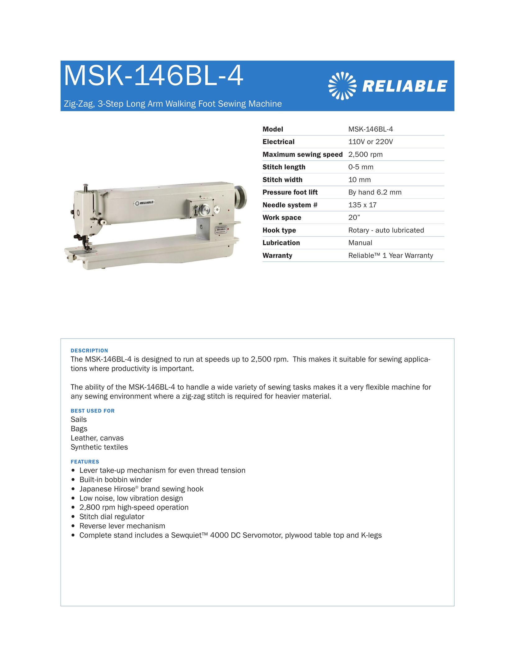 Reliable MSK-146BL-4 Sewing Machine User Manual
