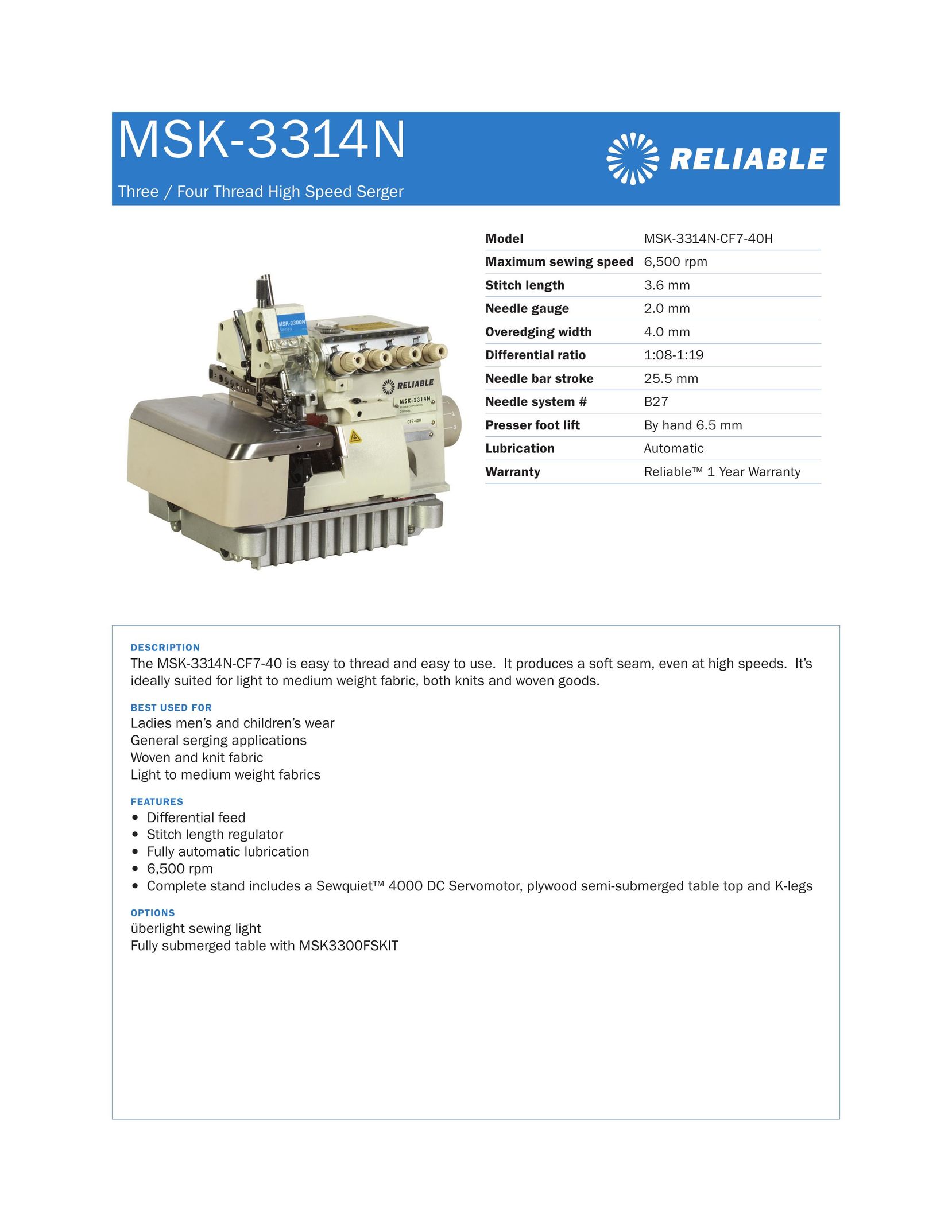Reliable MSK-3314N-CF7-40H Sewing Machine User Manual