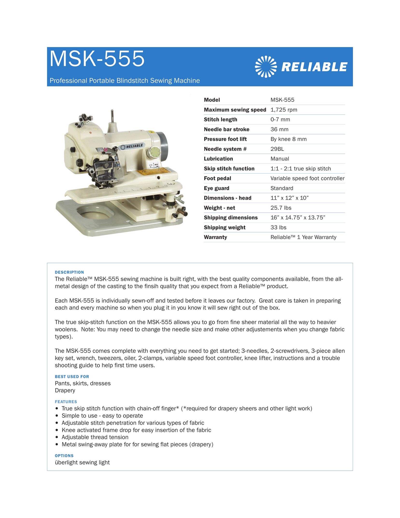 Reliable MSK-555 Sewing Machine User Manual
