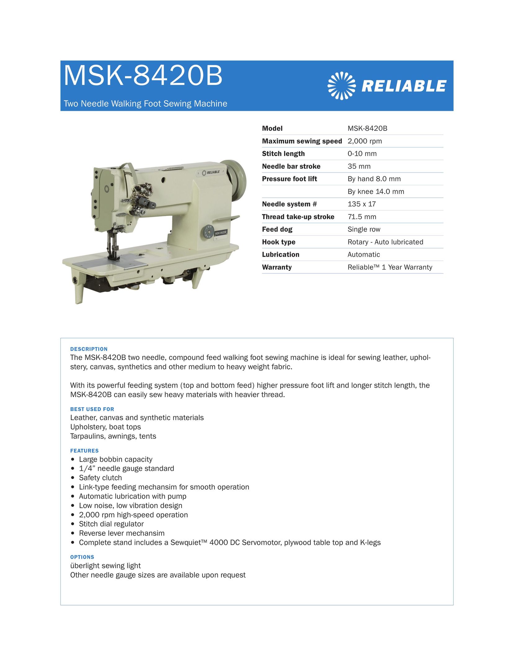 Reliable MSK-8420B Sewing Machine User Manual