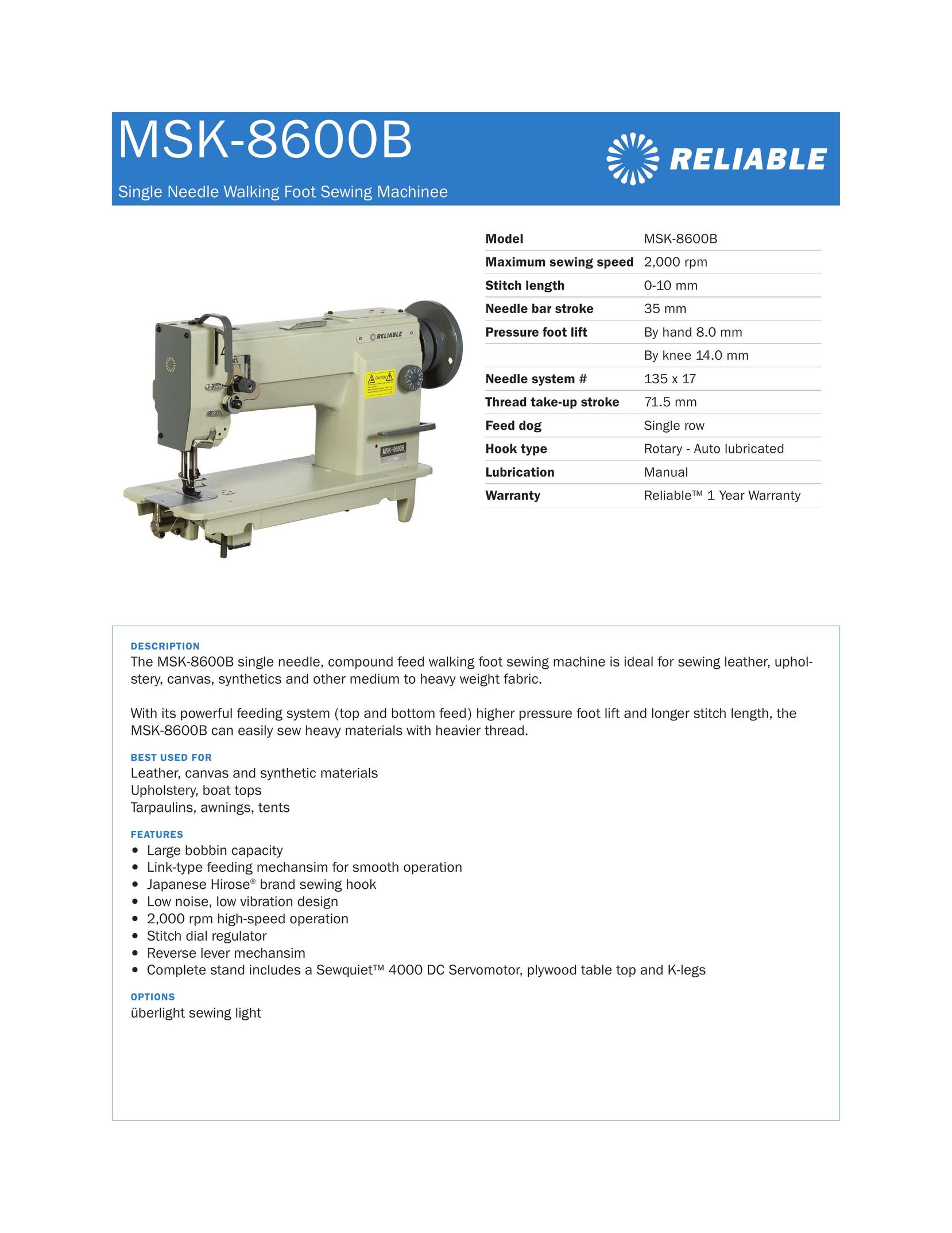 Reliable MSK-8600B Sewing Machine User Manual