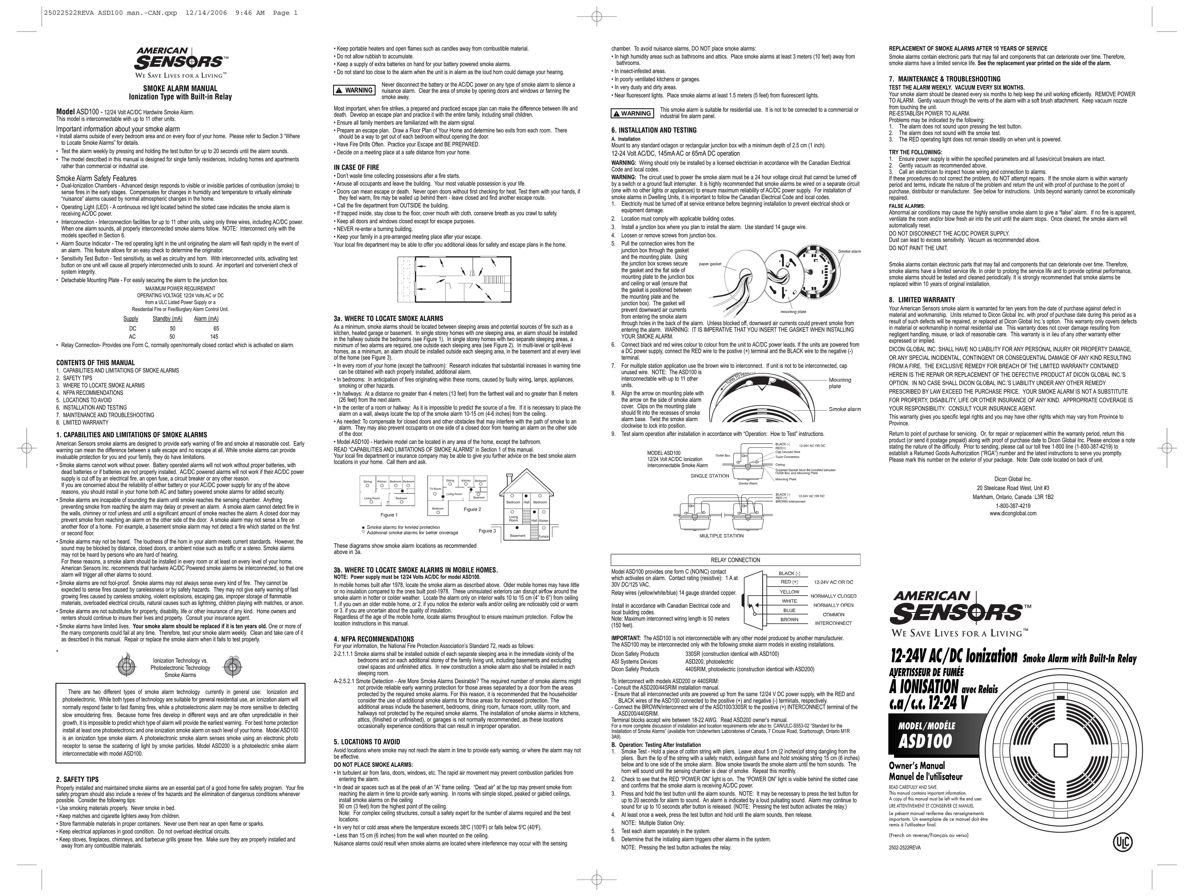 American Sensor ASD100 Smoke Alarm User Manual