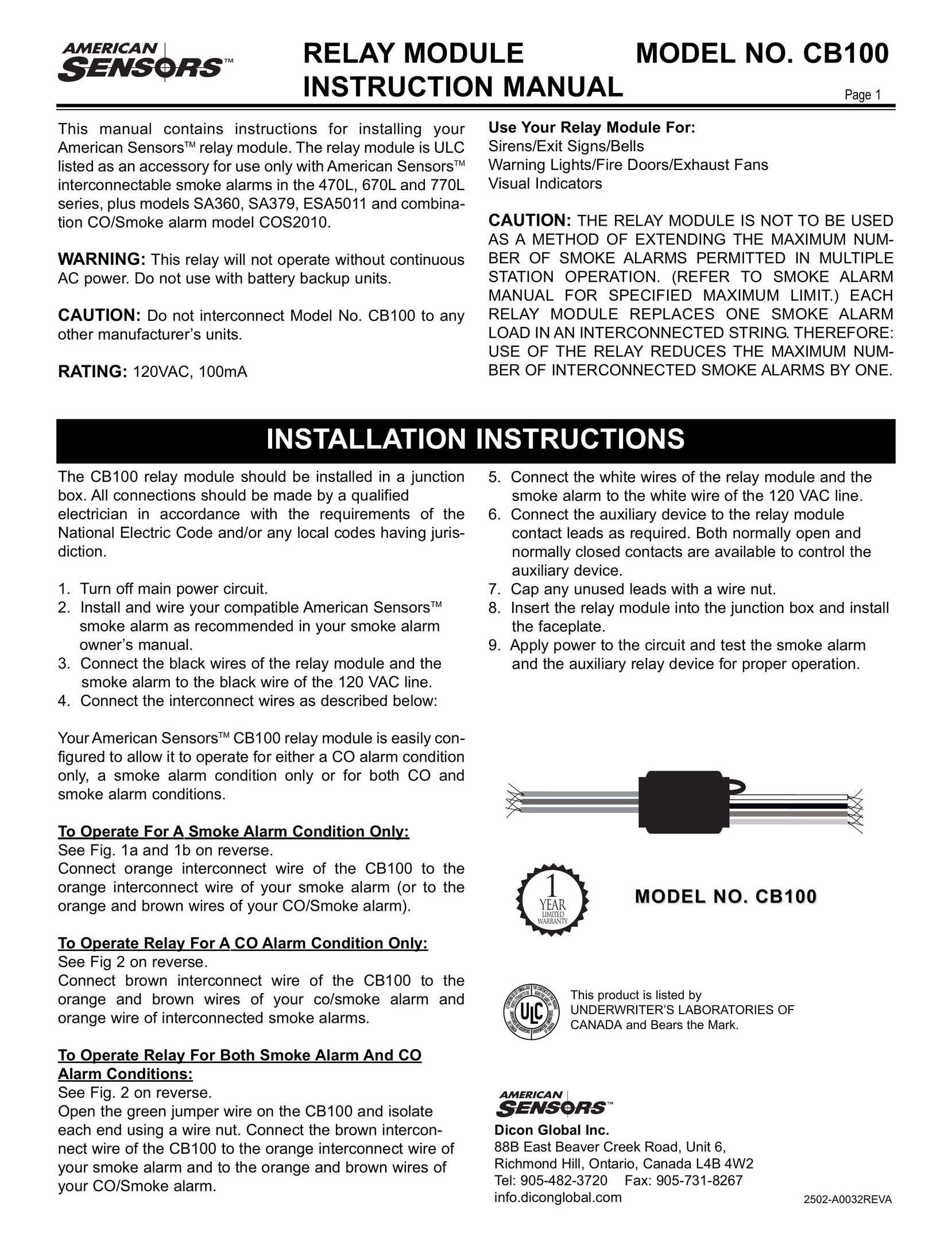 American Sensor CB100 Smoke Alarm User Manual