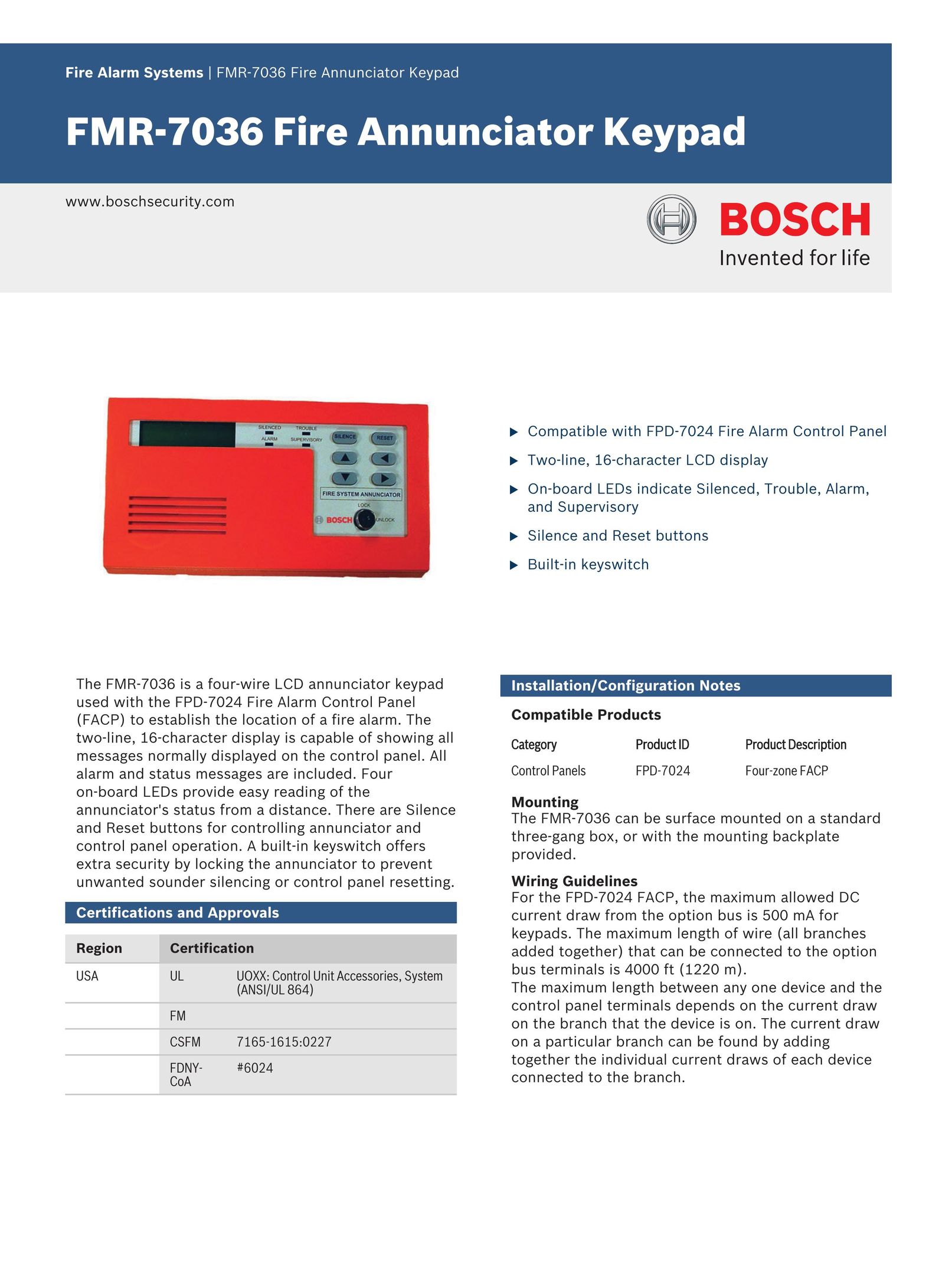 Bosch Appliances FMR-7036 Smoke Alarm User Manual