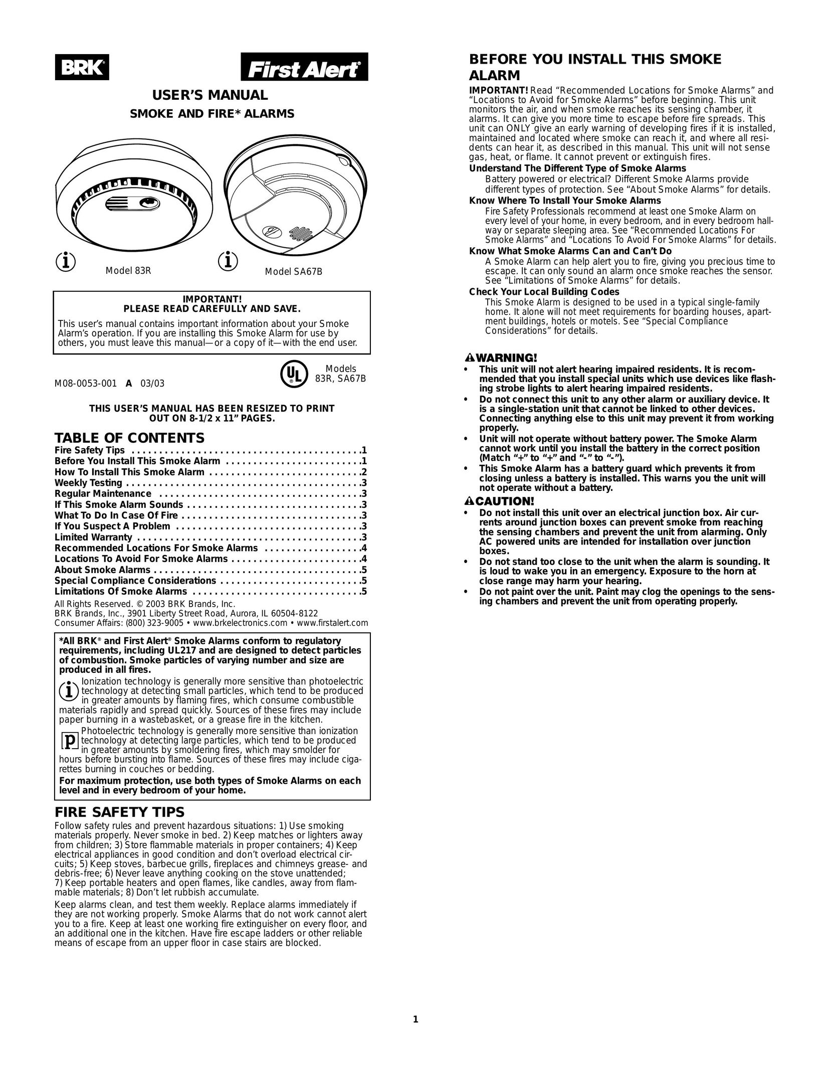 BRK electronic 83R Smoke Alarm User Manual