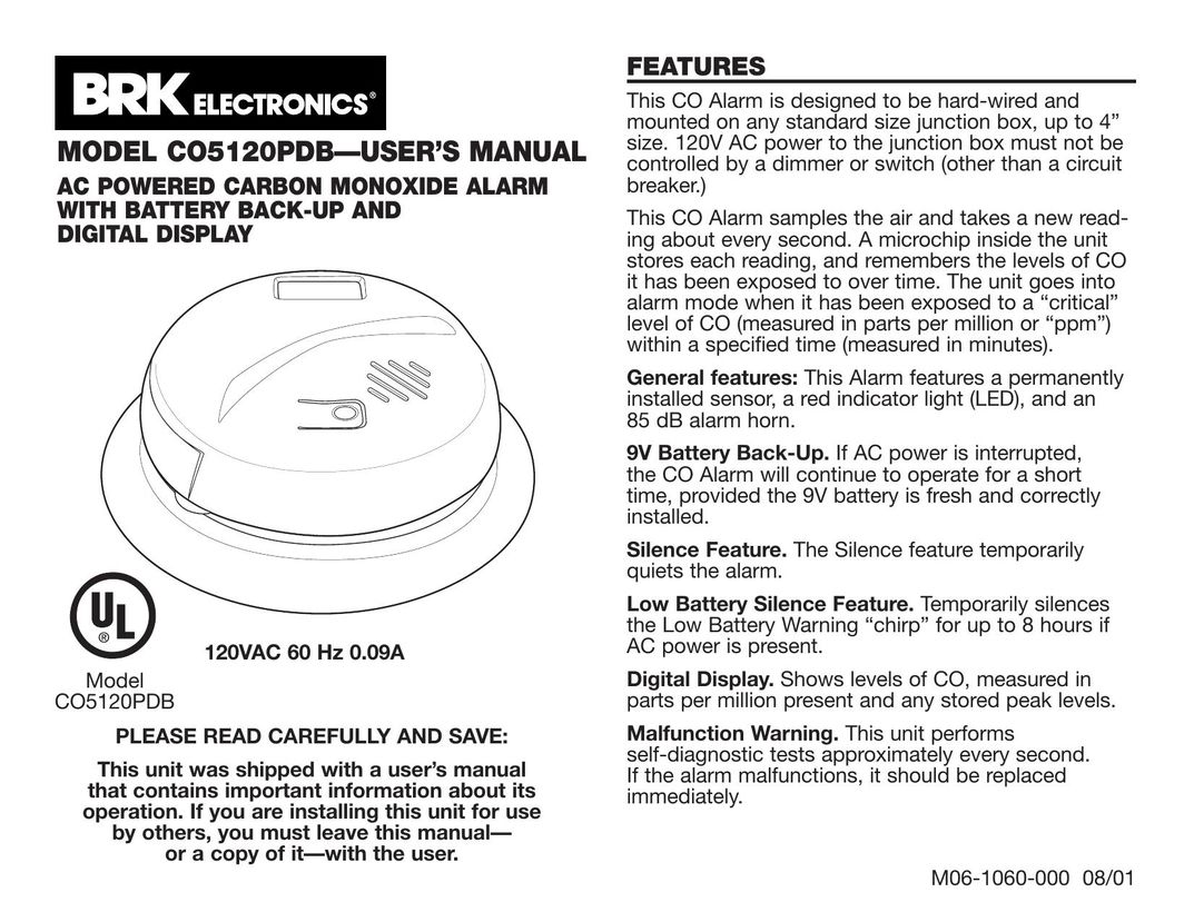 BRK electronic CO5120PDB Smoke Alarm User Manual