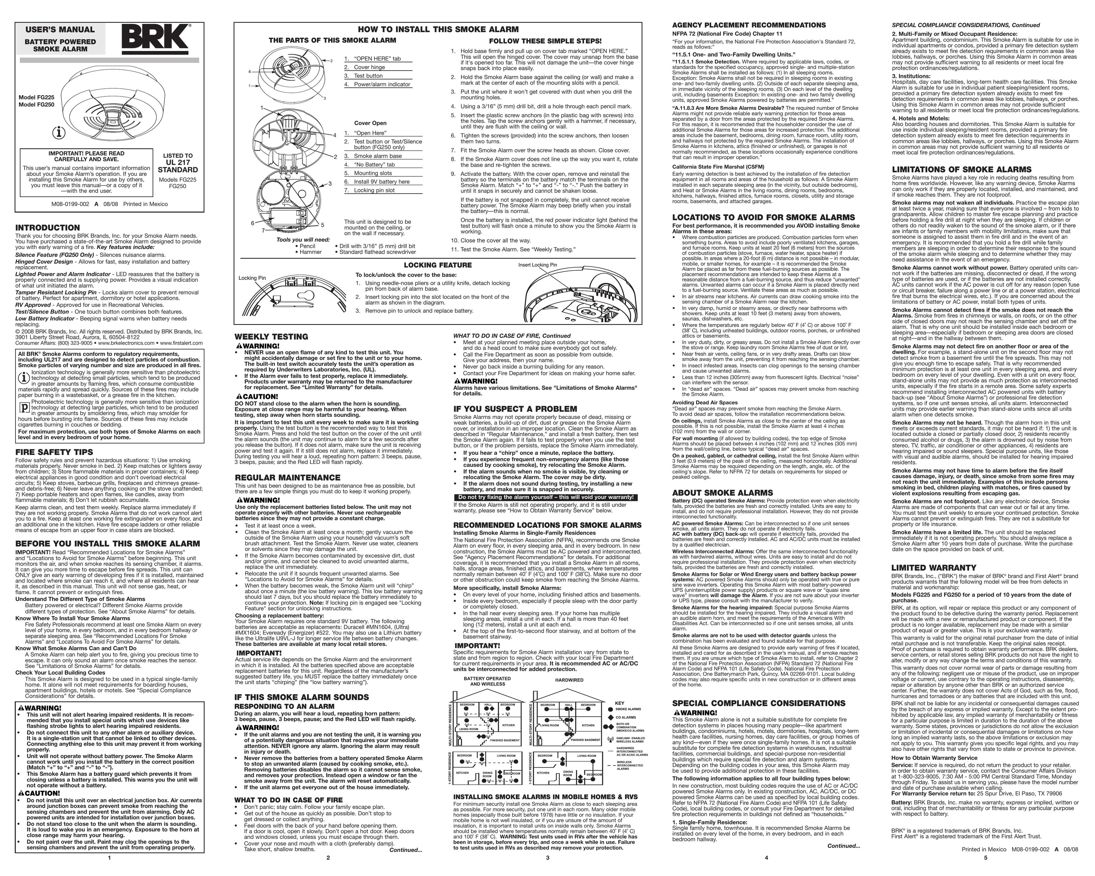 BRK electronic FG250 Smoke Alarm User Manual