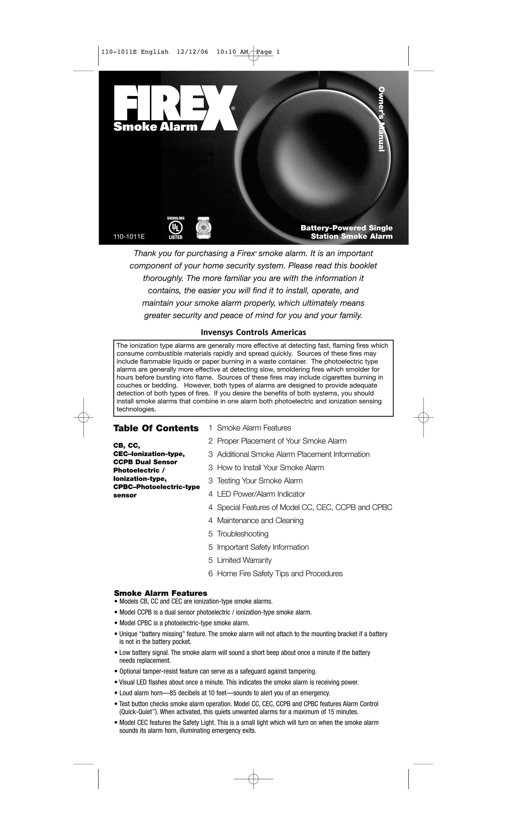 Firex 110-1011E Smoke Alarm User Manual