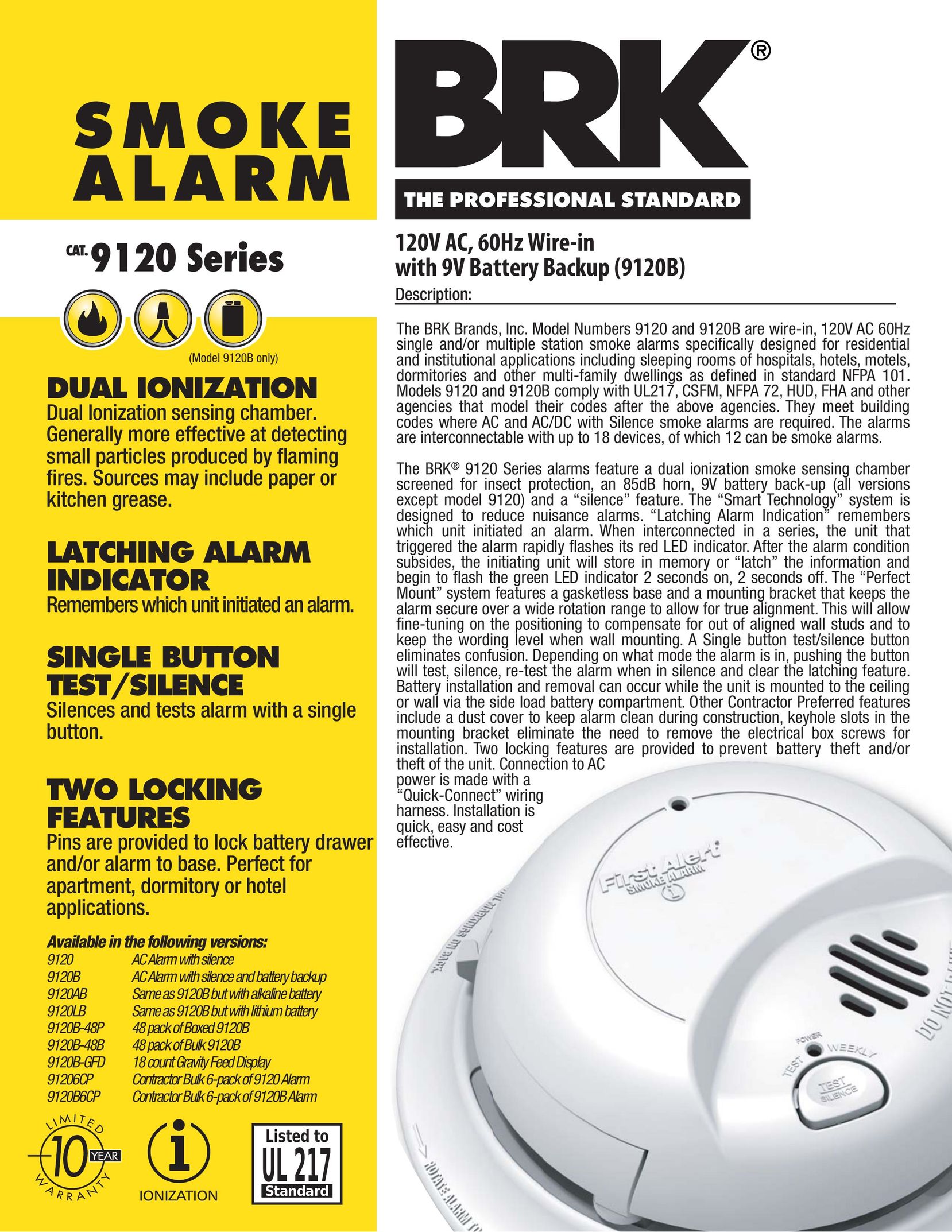 First Alert 9120/9120B/9120AB/9120LB/9120B-48P/9120B-48B/9120B-GFD/91206CP/9120B6CP Smoke Alarm User Manual