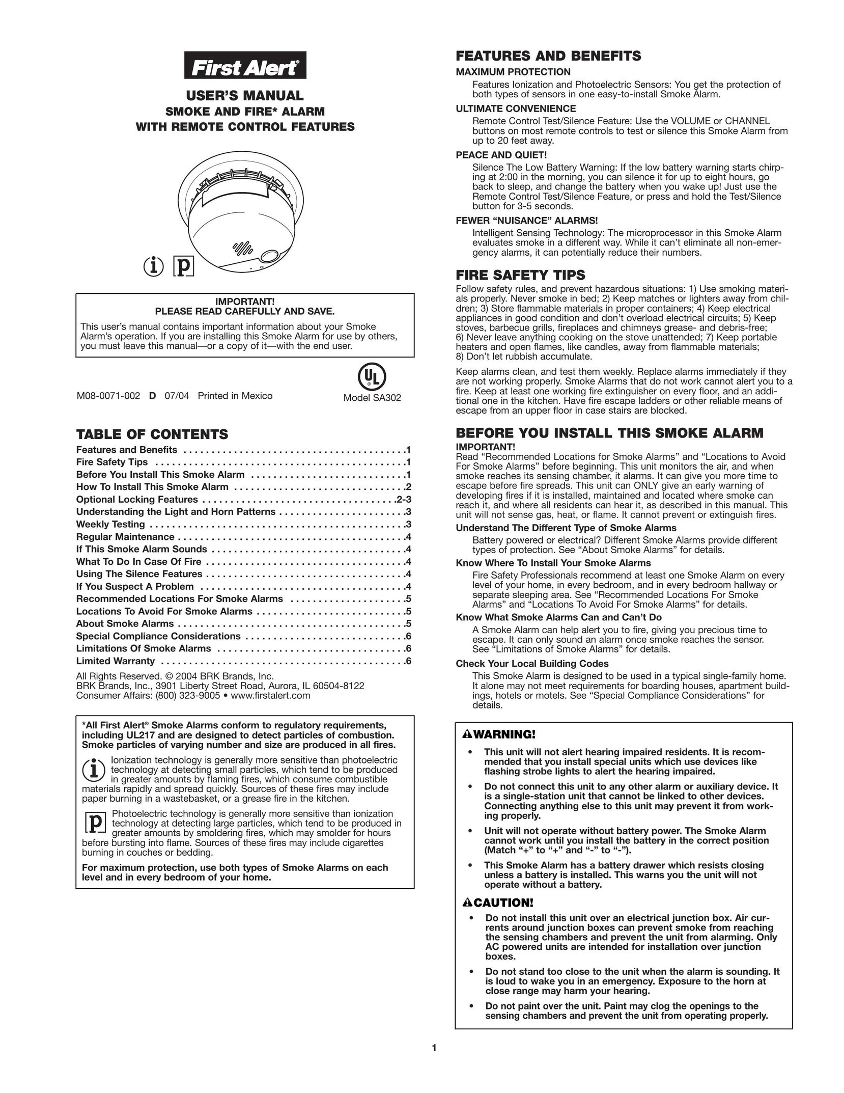 First Alert SA302 Smoke Alarm User Manual