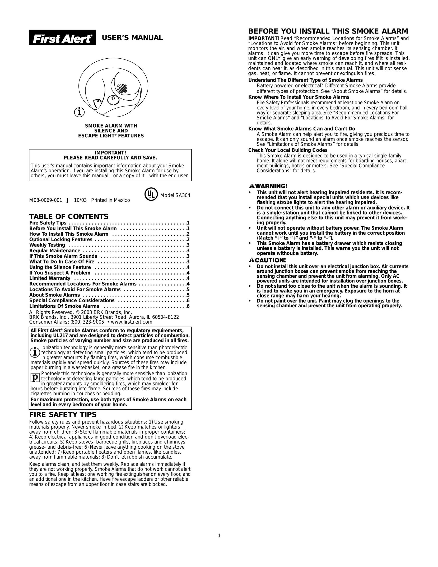 First Alert SA304 Smoke Alarm User Manual