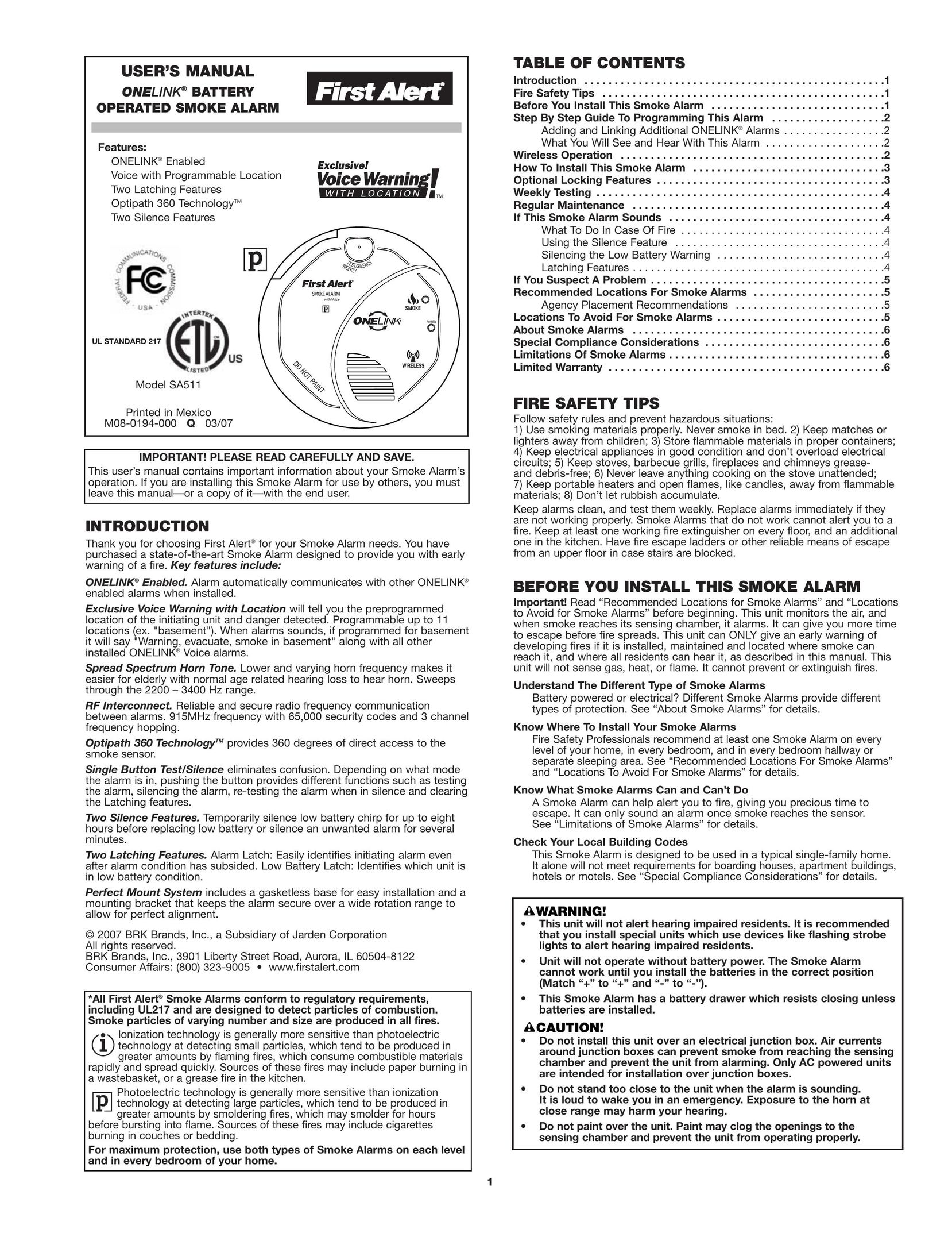 First Alert SA511 Smoke Alarm User Manual