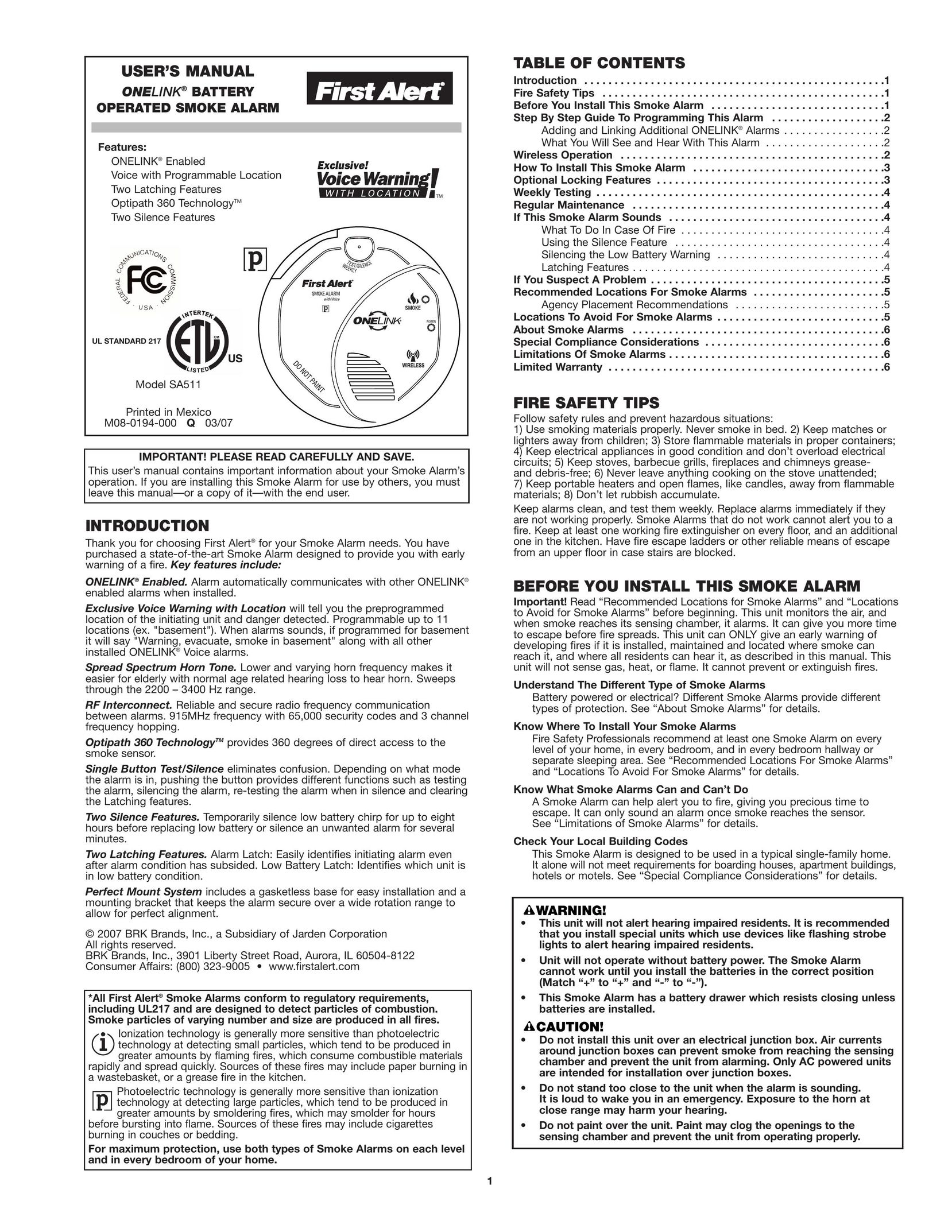 First Alert SA511CN2-3ST Smoke Alarm User Manual