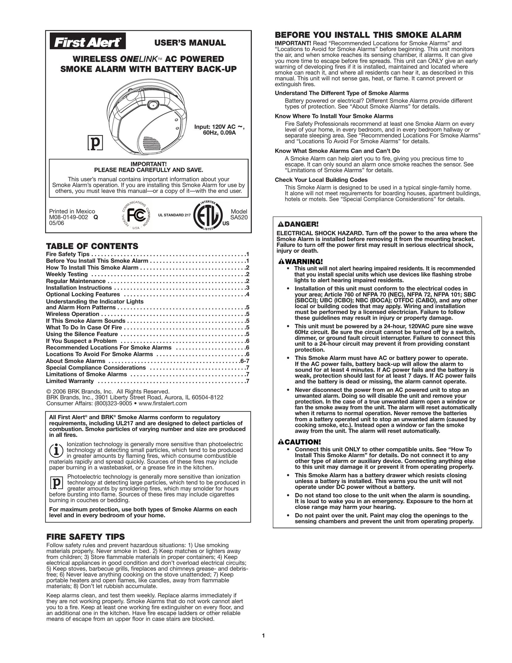 First Alert SA520 Smoke Alarm User Manual