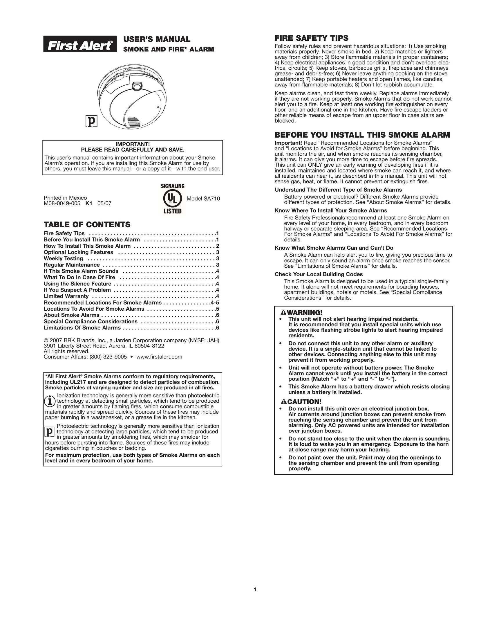 First Alert SA710 Smoke Alarm User Manual