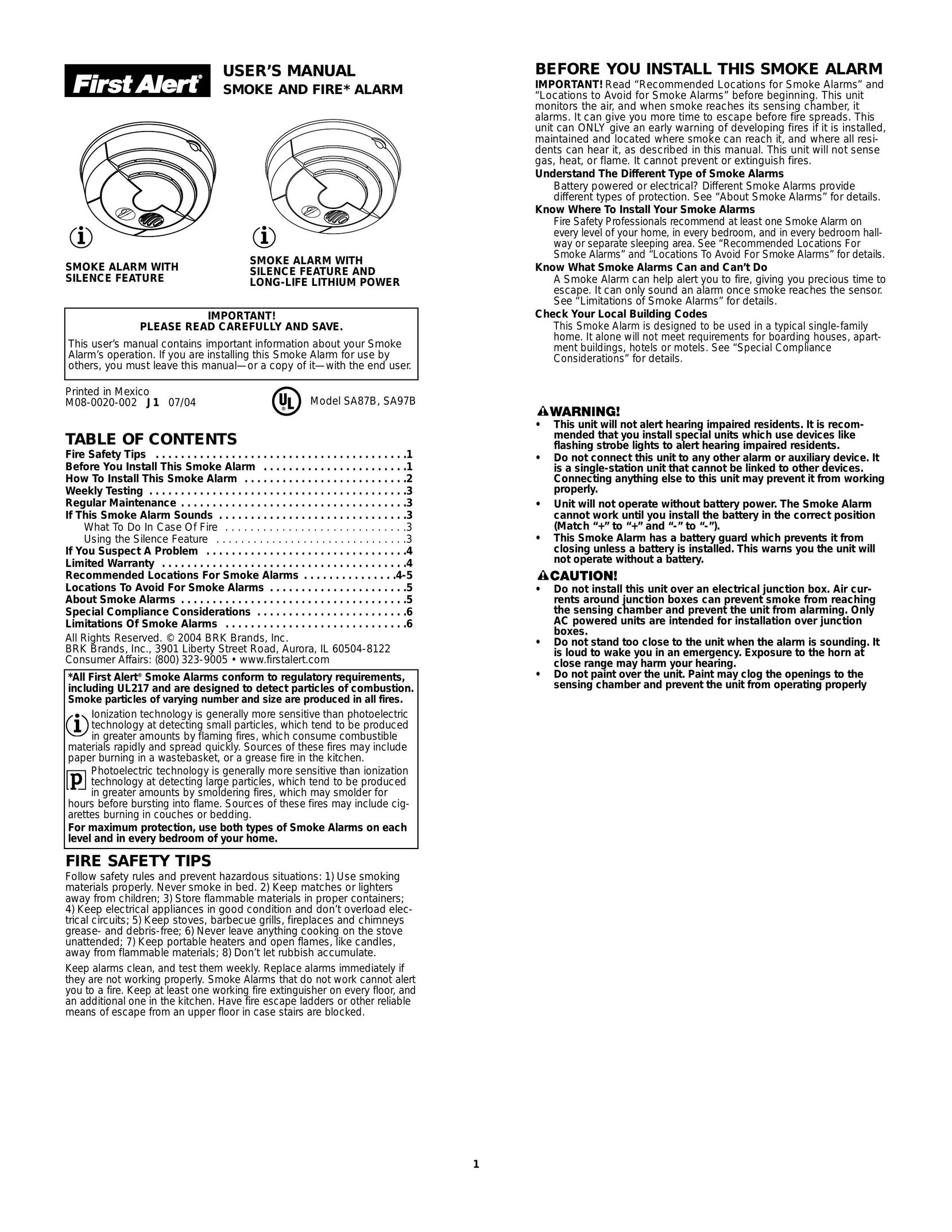 First Alert SA97CN Smoke Alarm User Manual