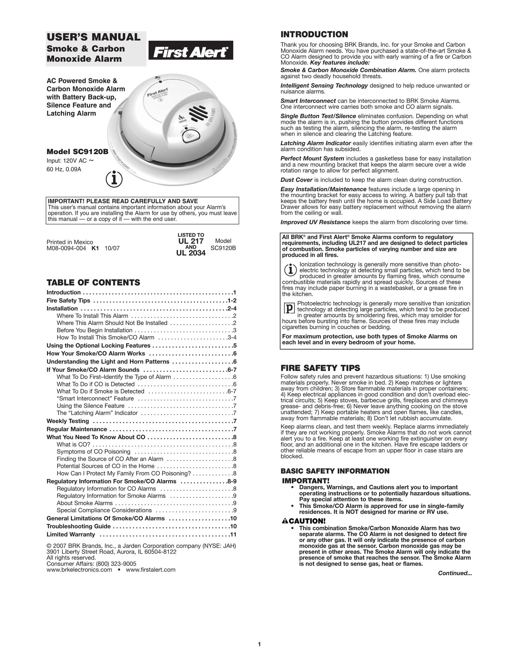 First Alert SC9120B Smoke Alarm User Manual