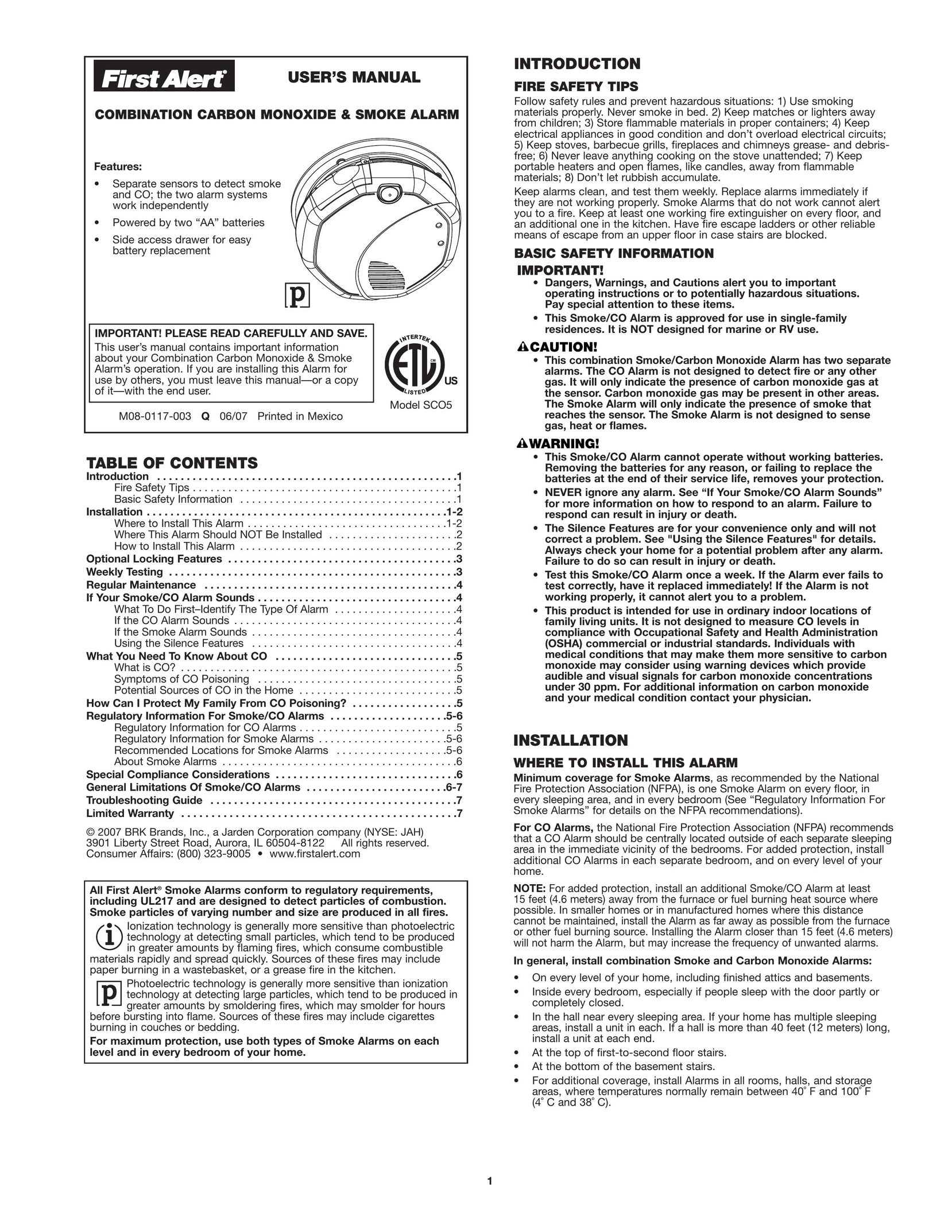 First Alert SCO5 Smoke Alarm User Manual