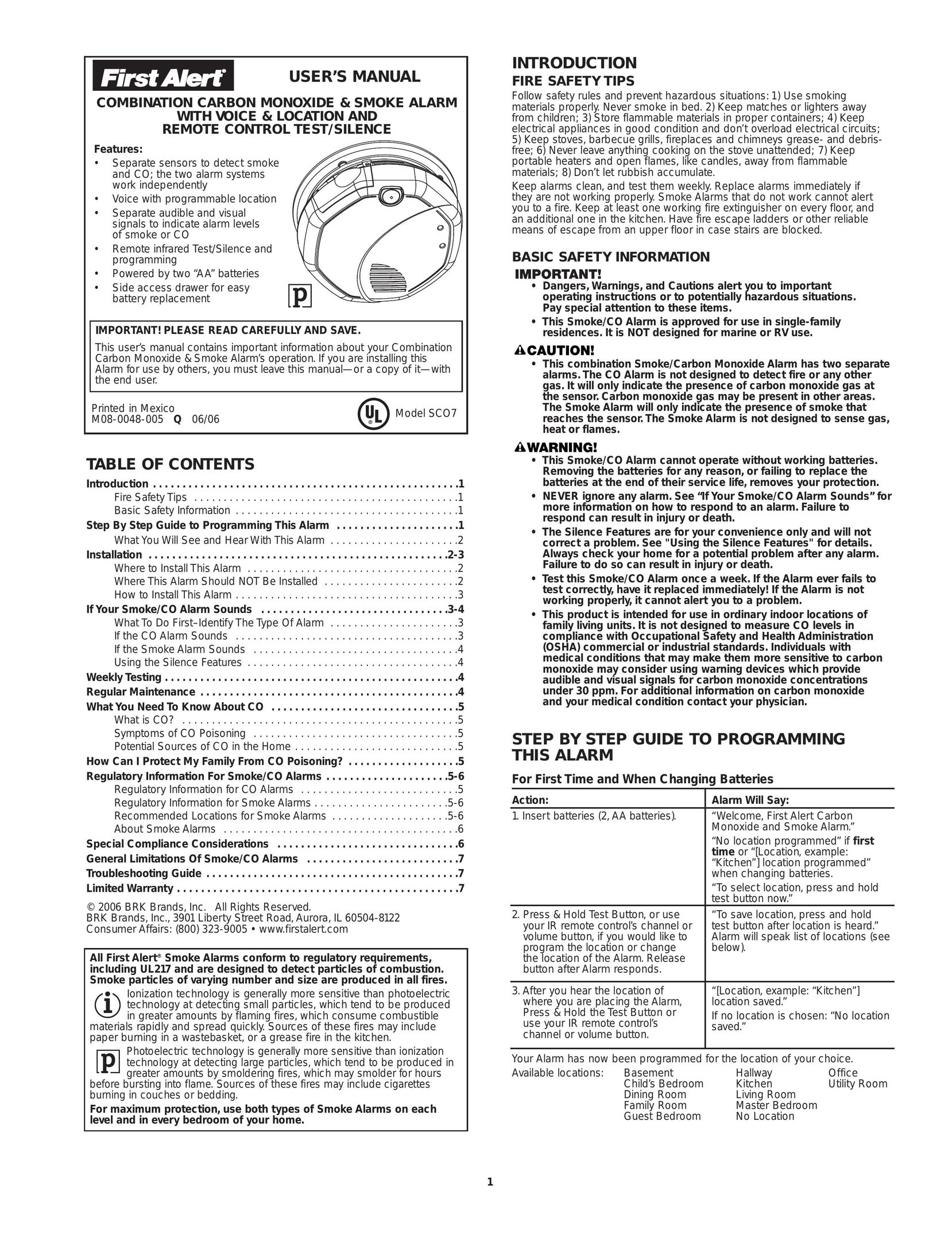 First Alert SCO7 Smoke Alarm User Manual
