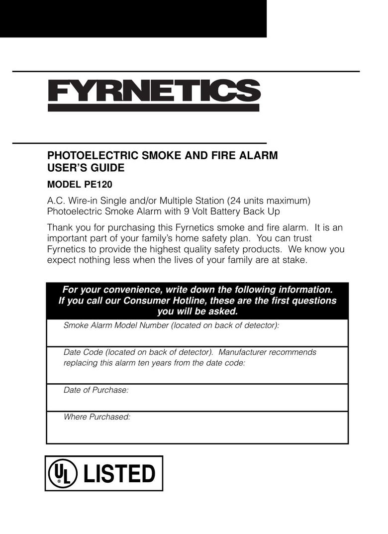 Fyrnetics PE120 Smoke Alarm User Manual