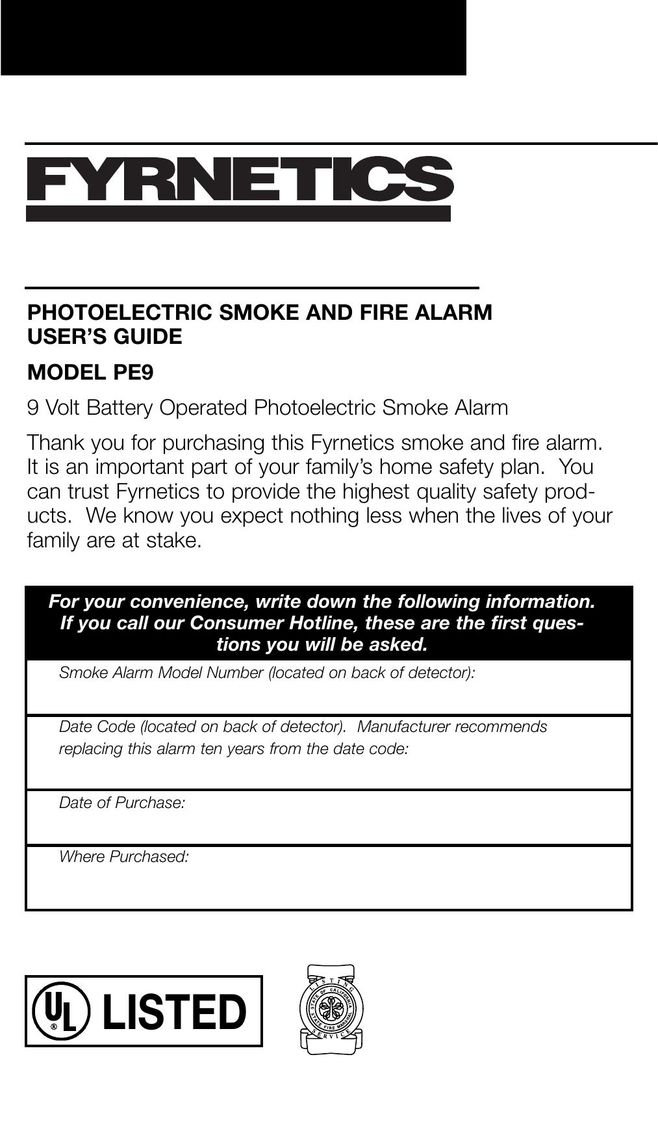 Fyrnetics PE9 Smoke Alarm User Manual