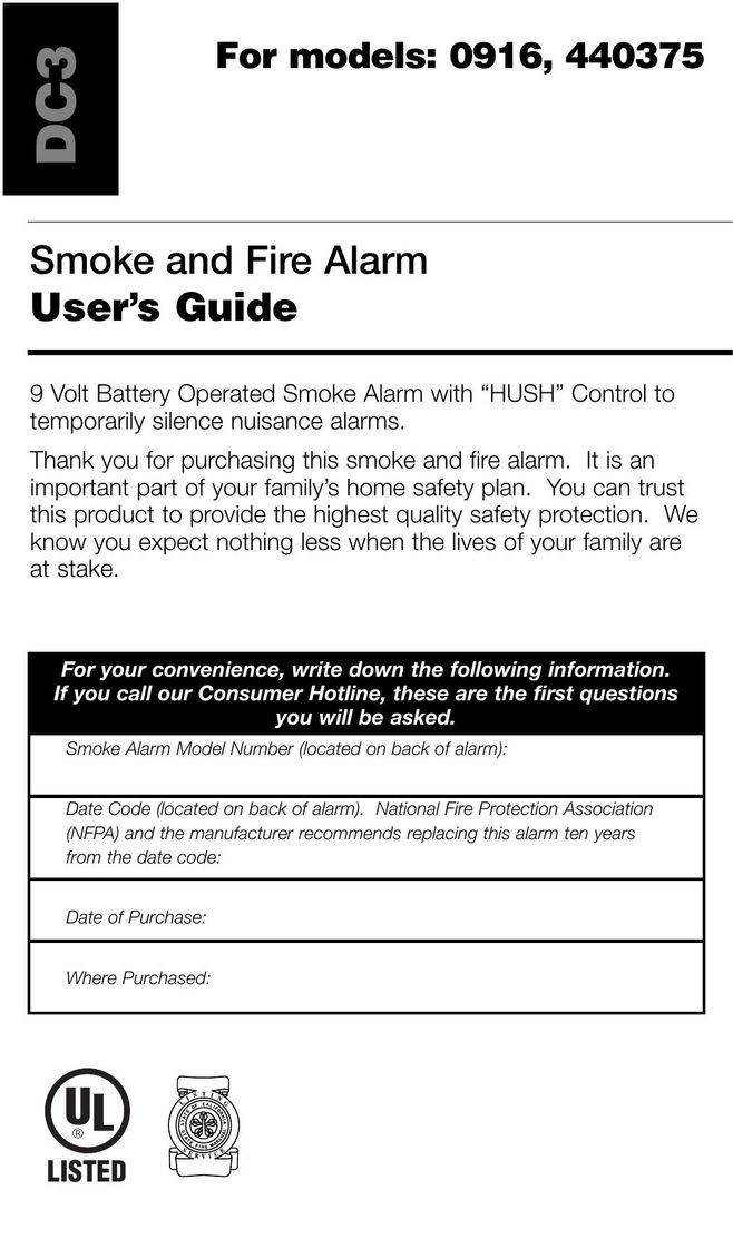 Kidde 440375 Smoke Alarm User Manual