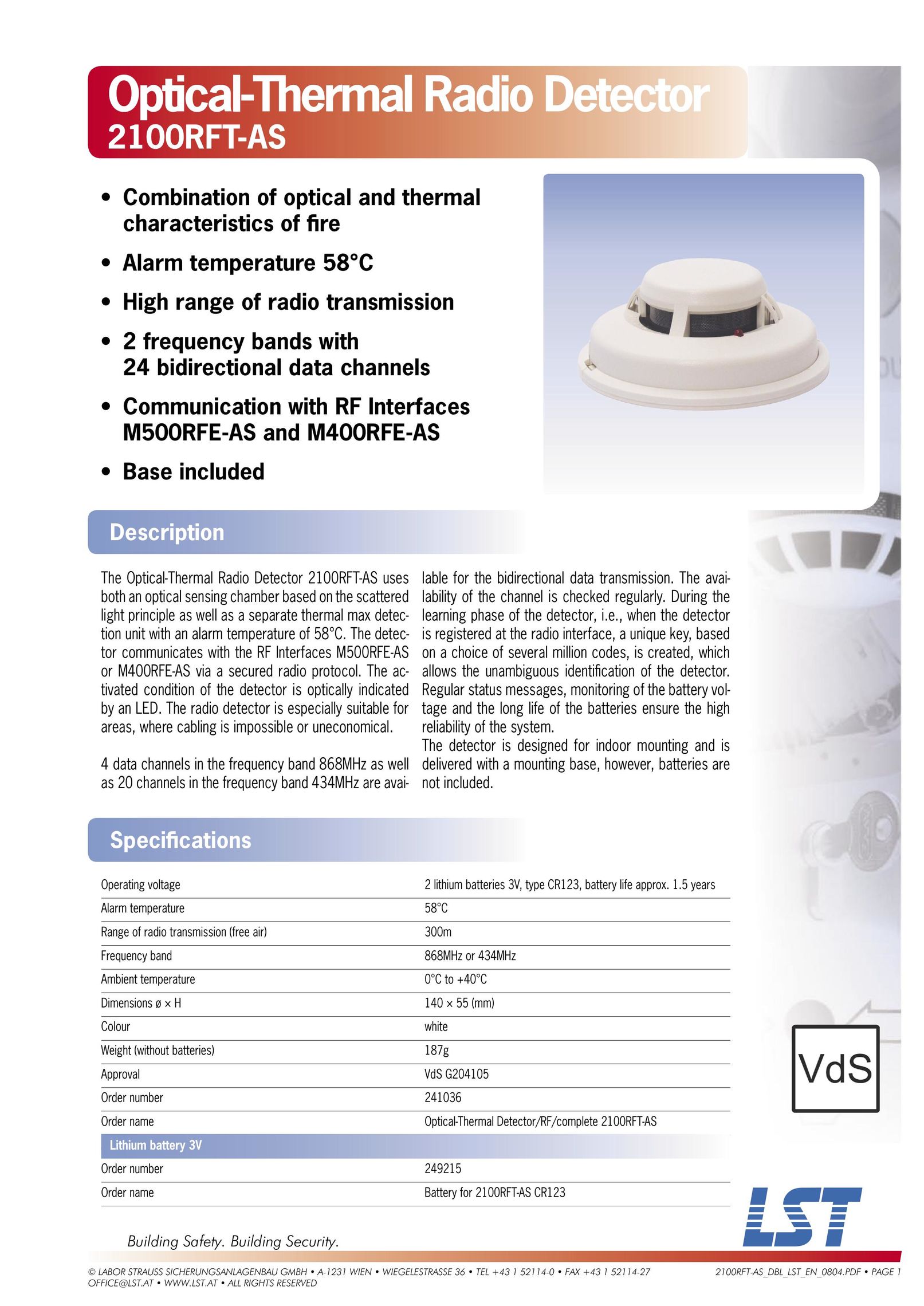 LST 2100RFT-AS Smoke Alarm User Manual
