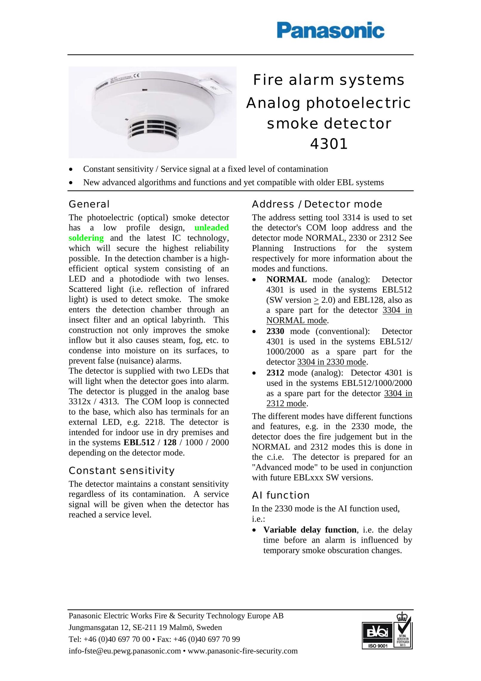 Panasonic 4301 Smoke Alarm User Manual