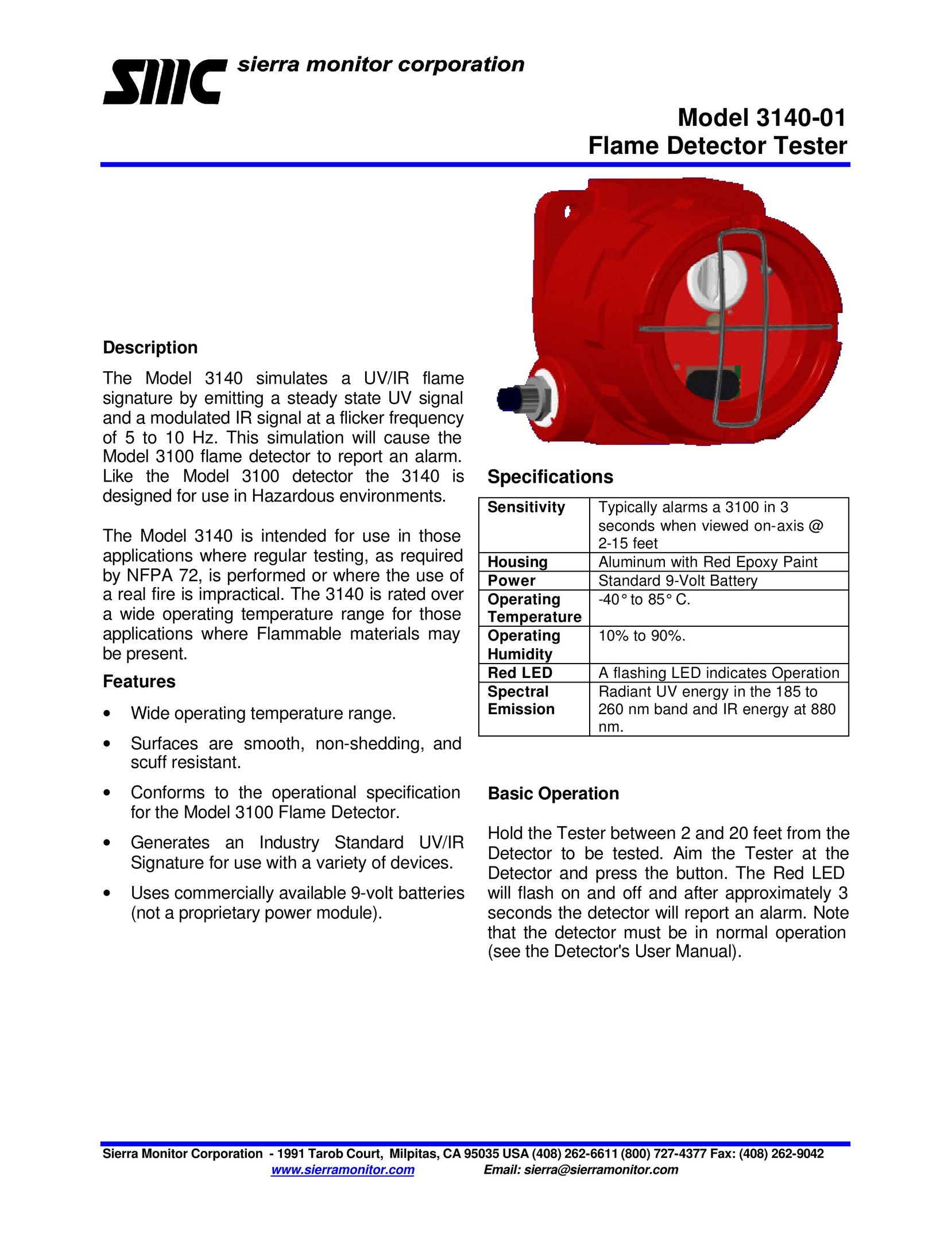 Sierra Monitor Corporation 3140-01 Smoke Alarm User Manual