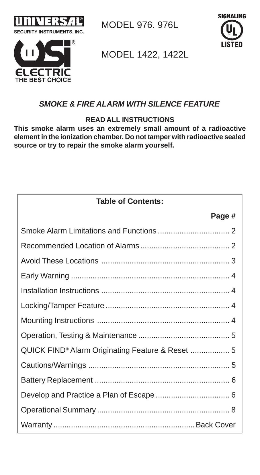 Universal 1422L Smoke Alarm User Manual