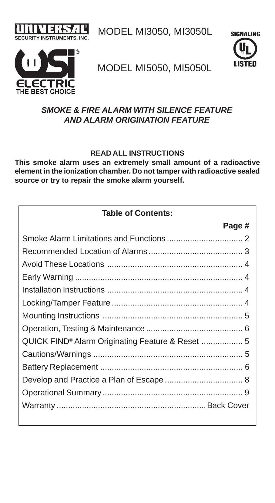 Universal Security Instruments MI3050L Smoke Alarm User Manual