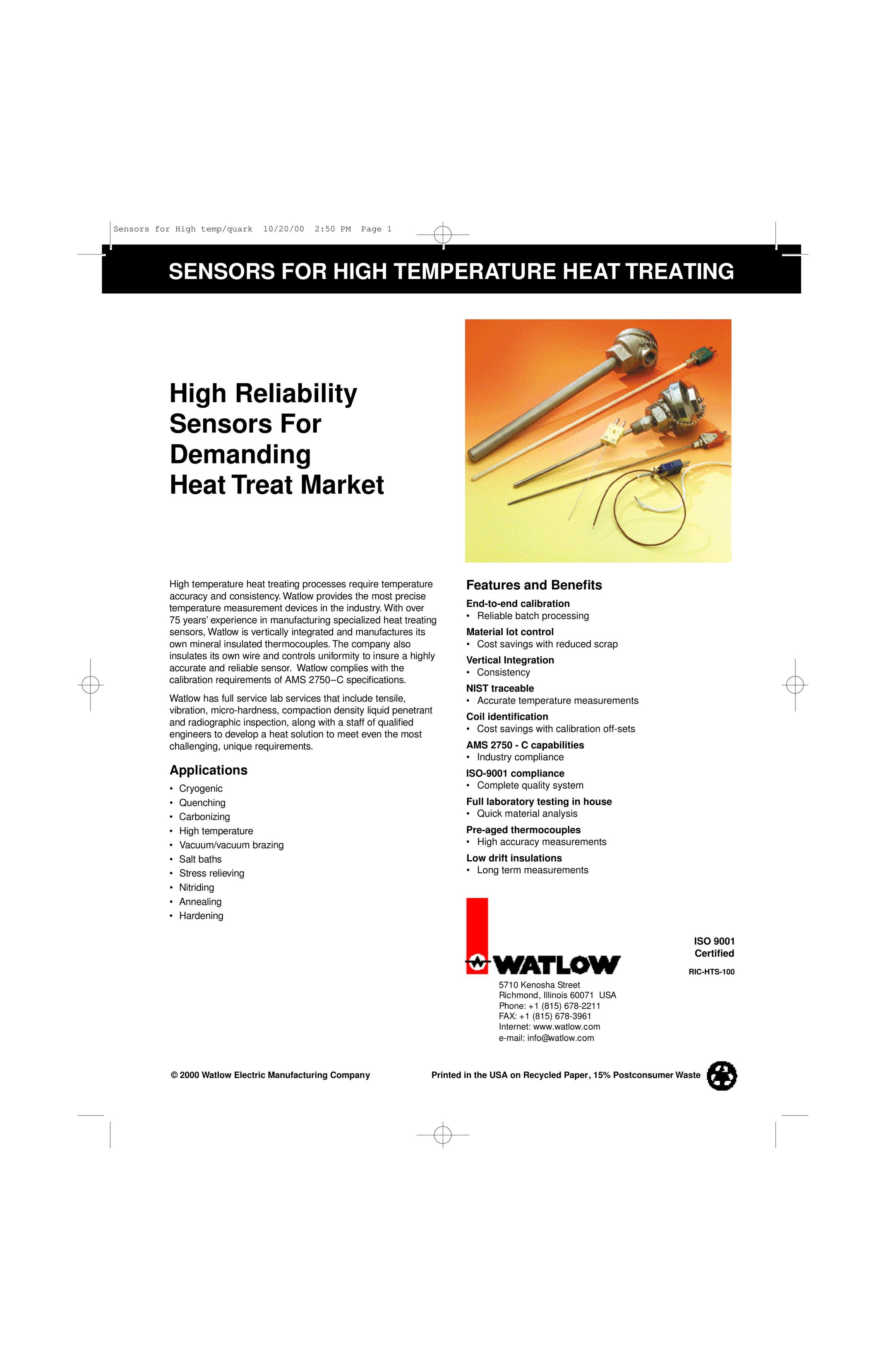 Watlow Electric Sensors For High Temperature Heat Treating Smoke Alarm User Manual