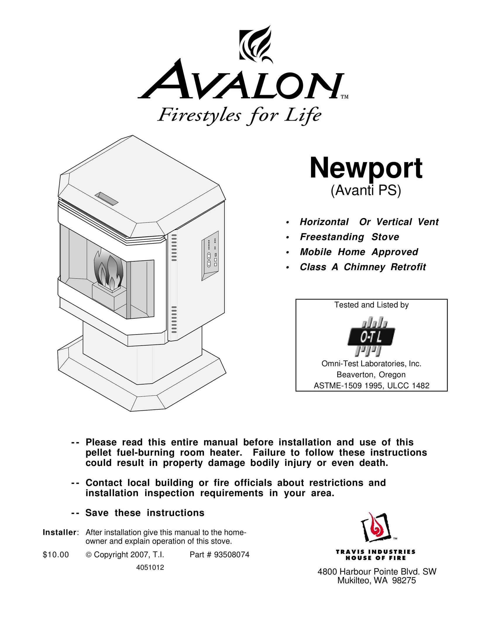 Avalon Stoves Avanti PS Stove User Manual
