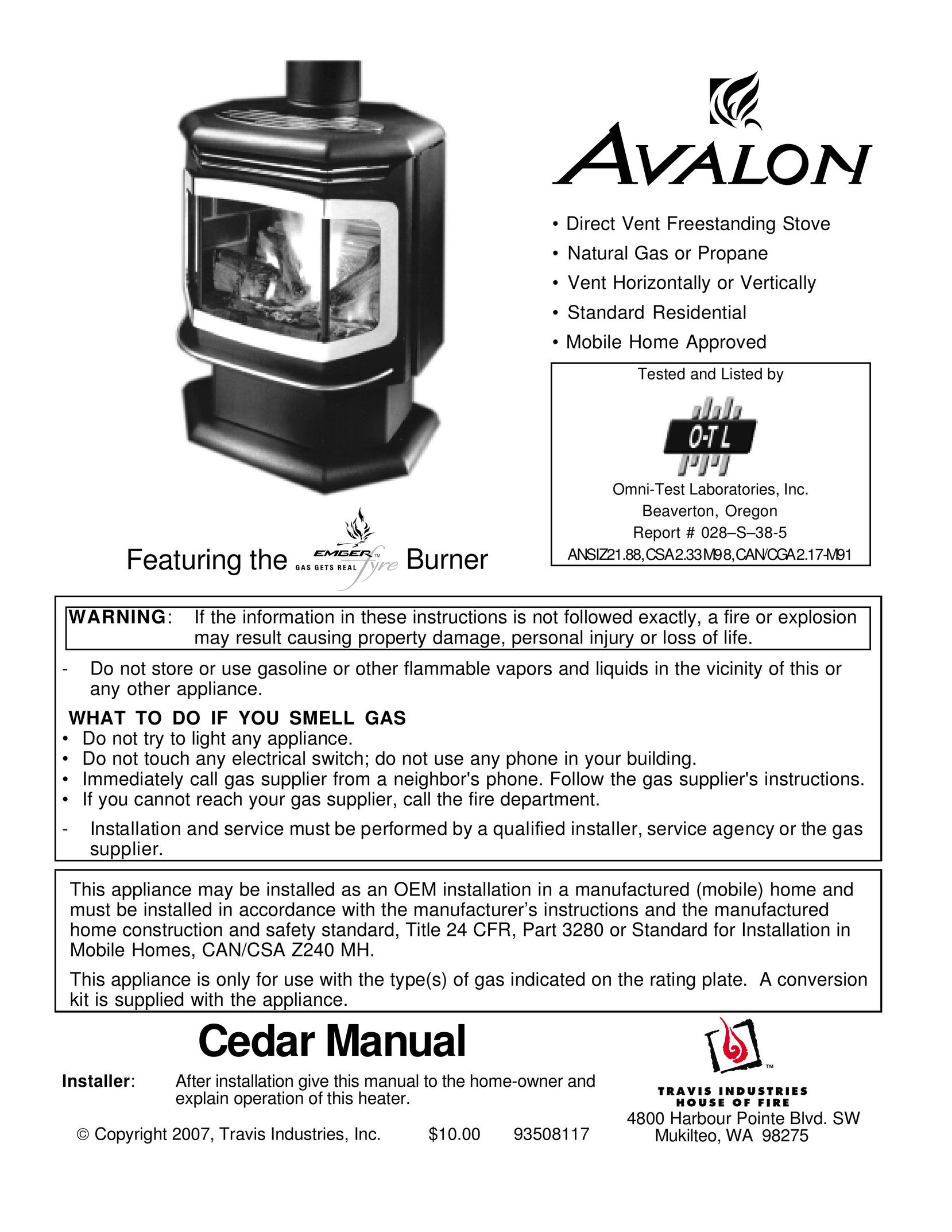 Avalon Stoves Cedar EF Stove User Manual