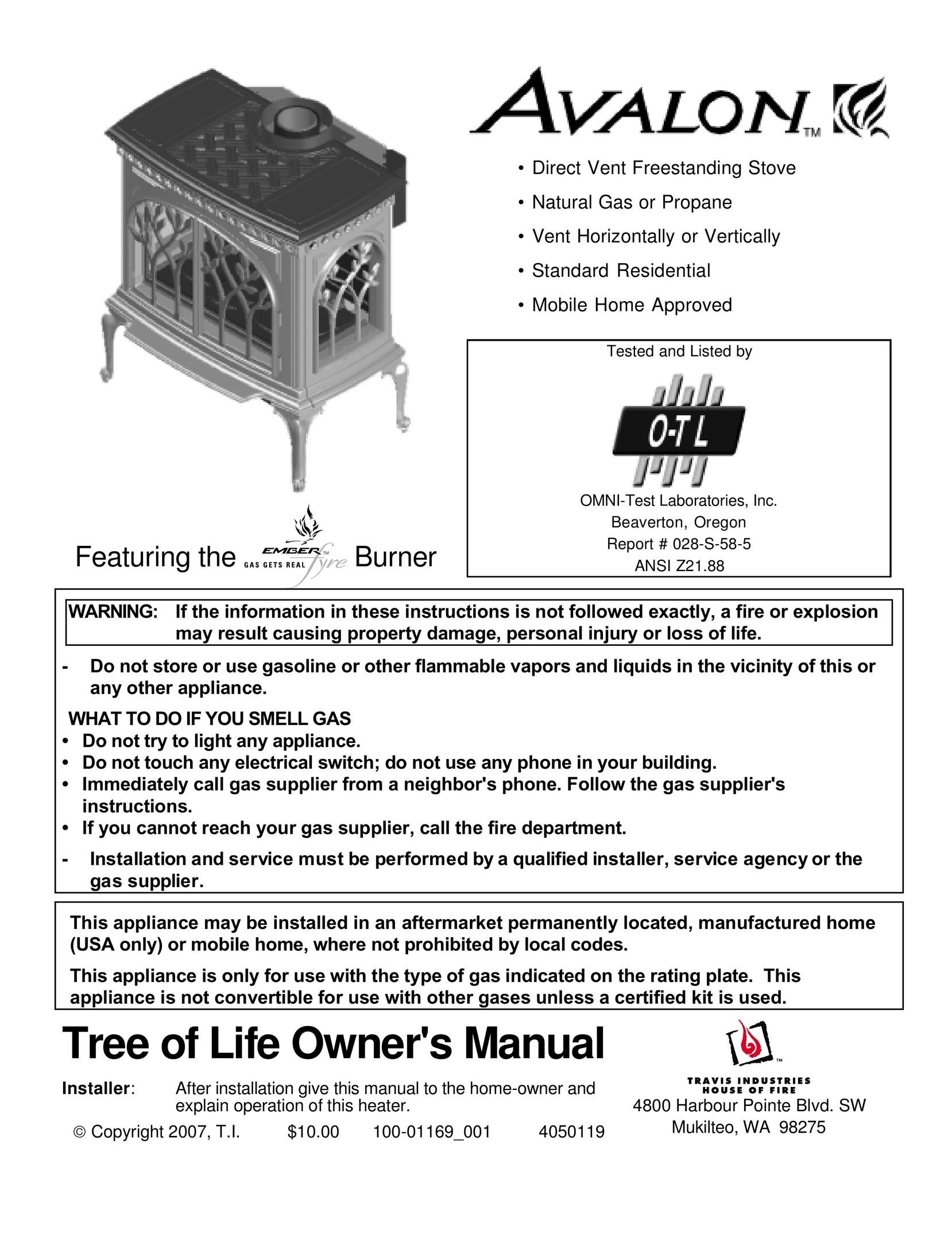 Avalon Stoves Direct Vent Freestanding Stove Stove User Manual