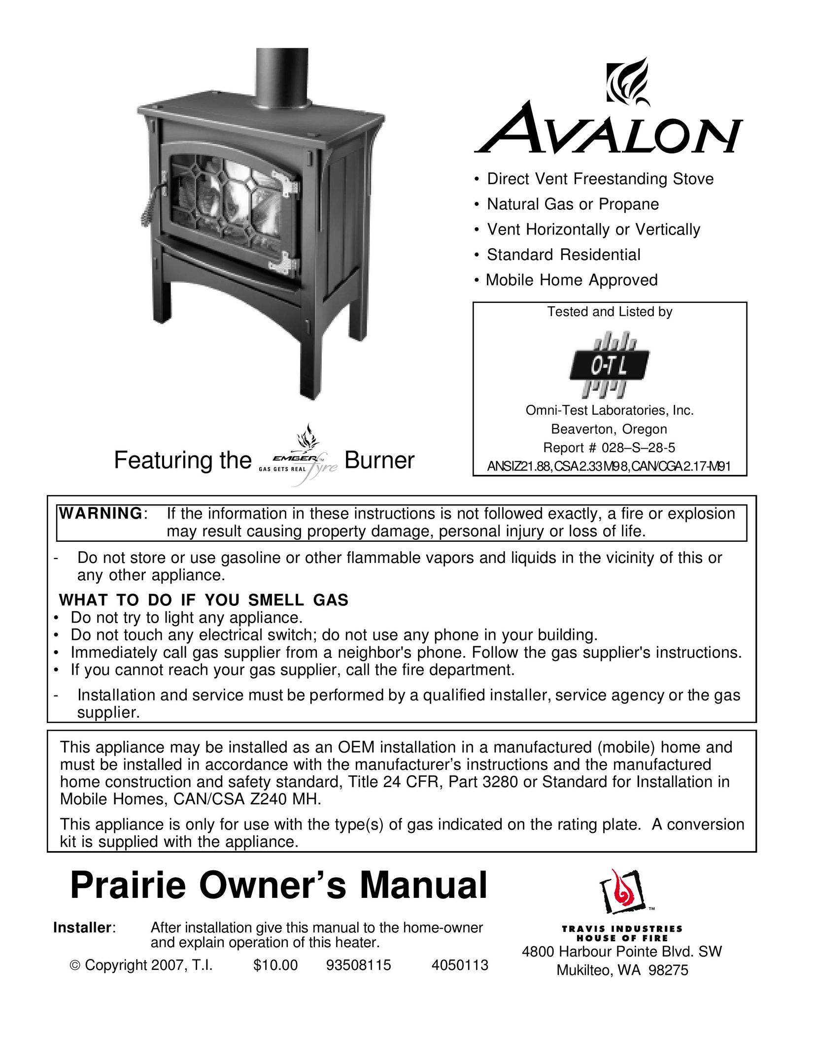Avalon Stoves Freestanding Stove Stove User Manual