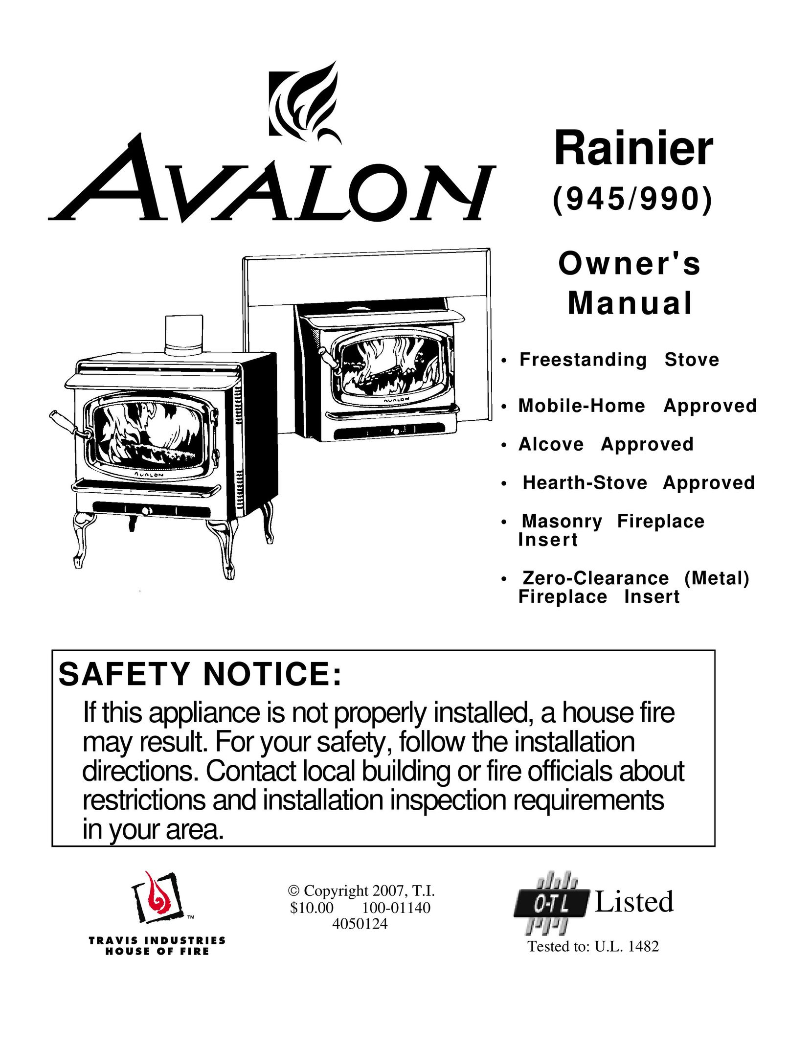 Avalon Stoves Rainier Stove User Manual